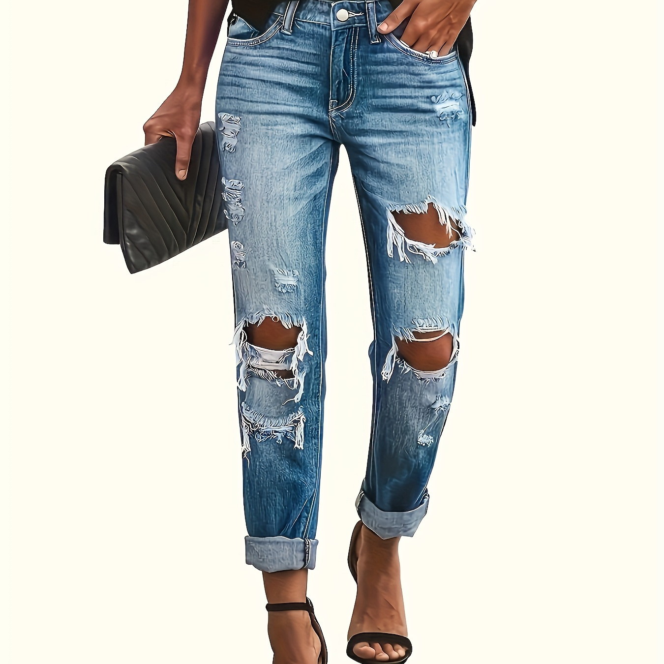 

Women's Distressed Ripped Jeans, Street Style, Ankle-length Denim Pants With Pockets, Casual Torn Trendy Trousers For Daily Wear Suit For Autumn