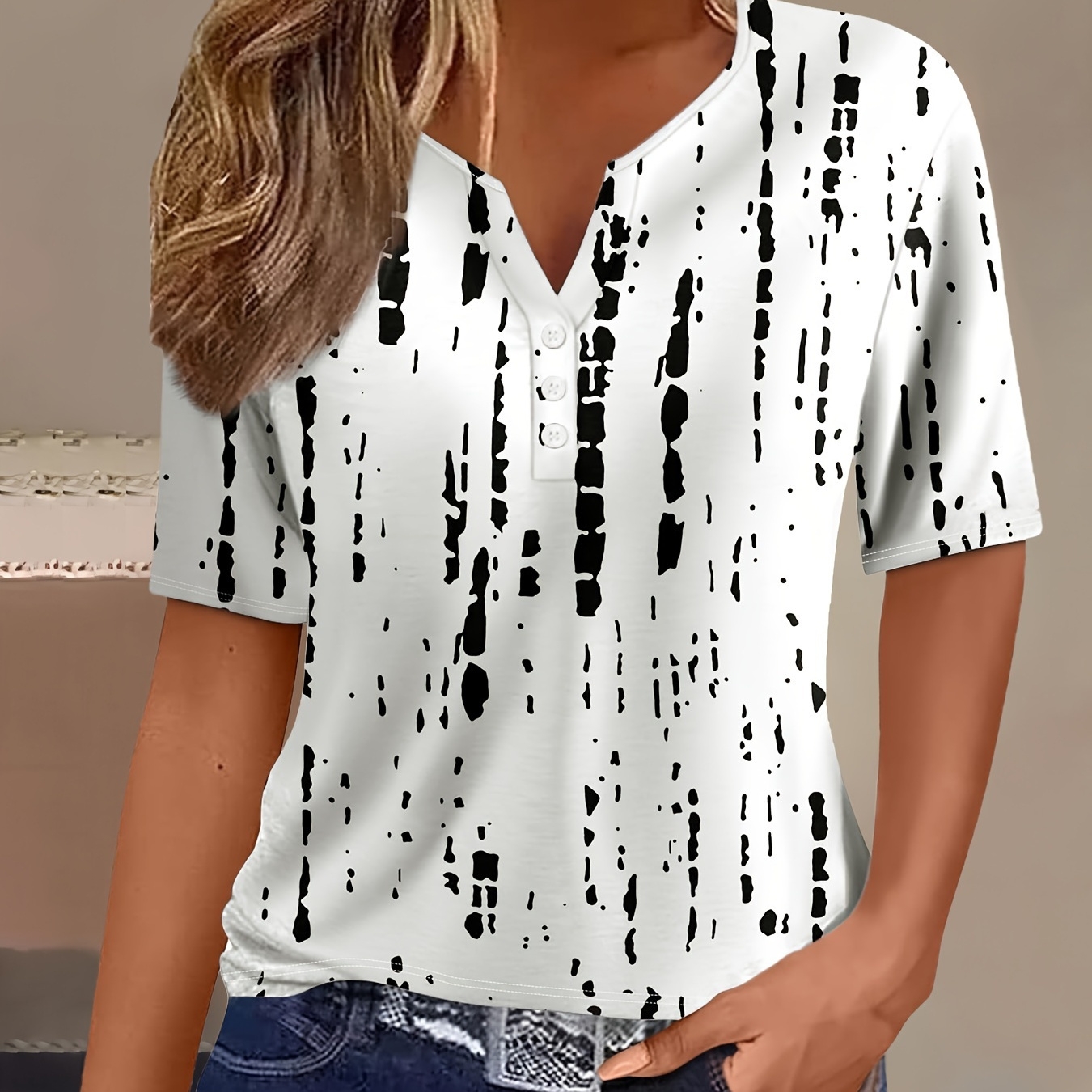 

Allover Print Notched Neck T-shirt, Casual Short Sleeve Button Front T-shirt For Spring & Summer, Women's Clothing