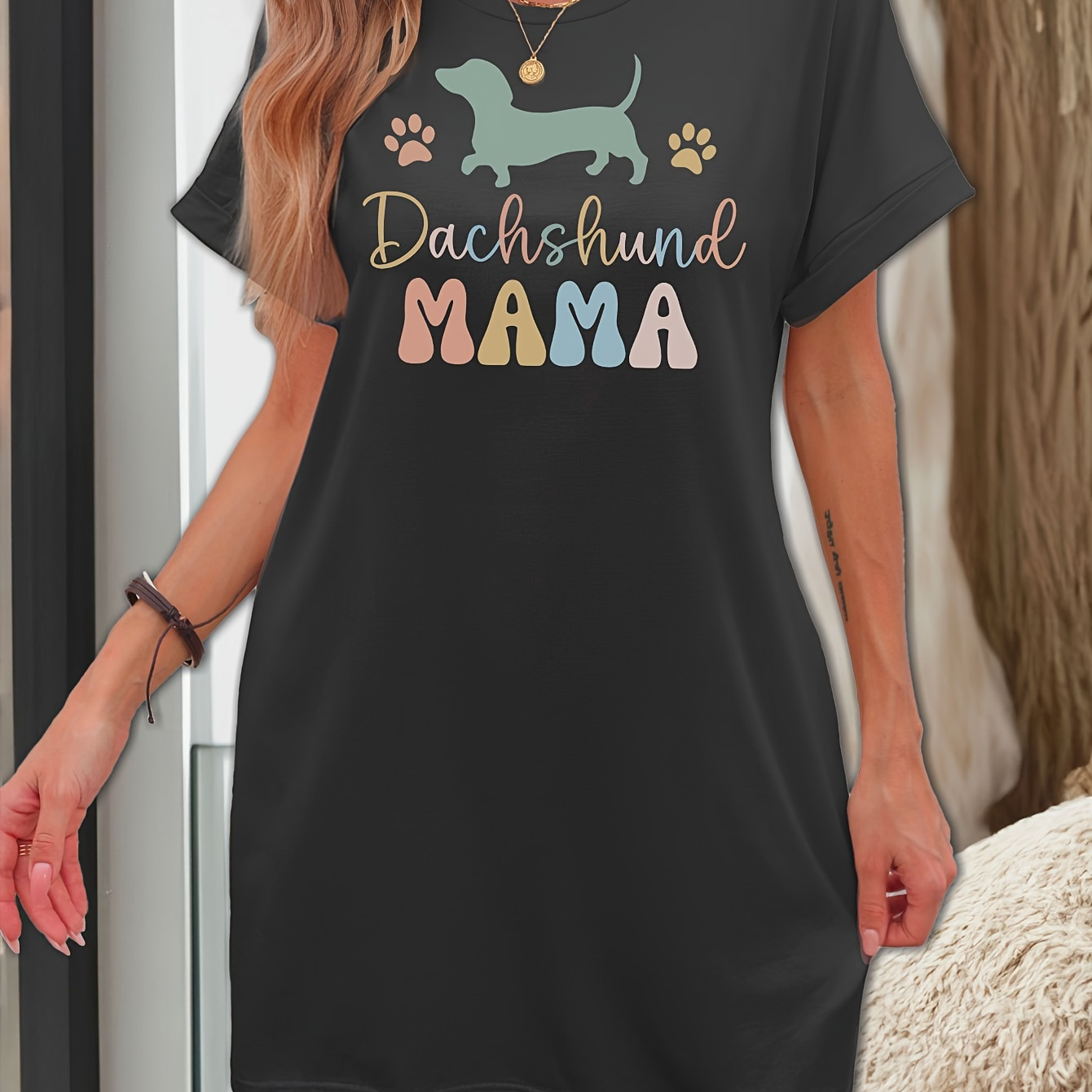 

Dachshund Mama Casual Crew Neck Knit T-shirt Dress With Pockets, Cartoon Dog Print Polyester Blend Home Dress For Women For All Seasons