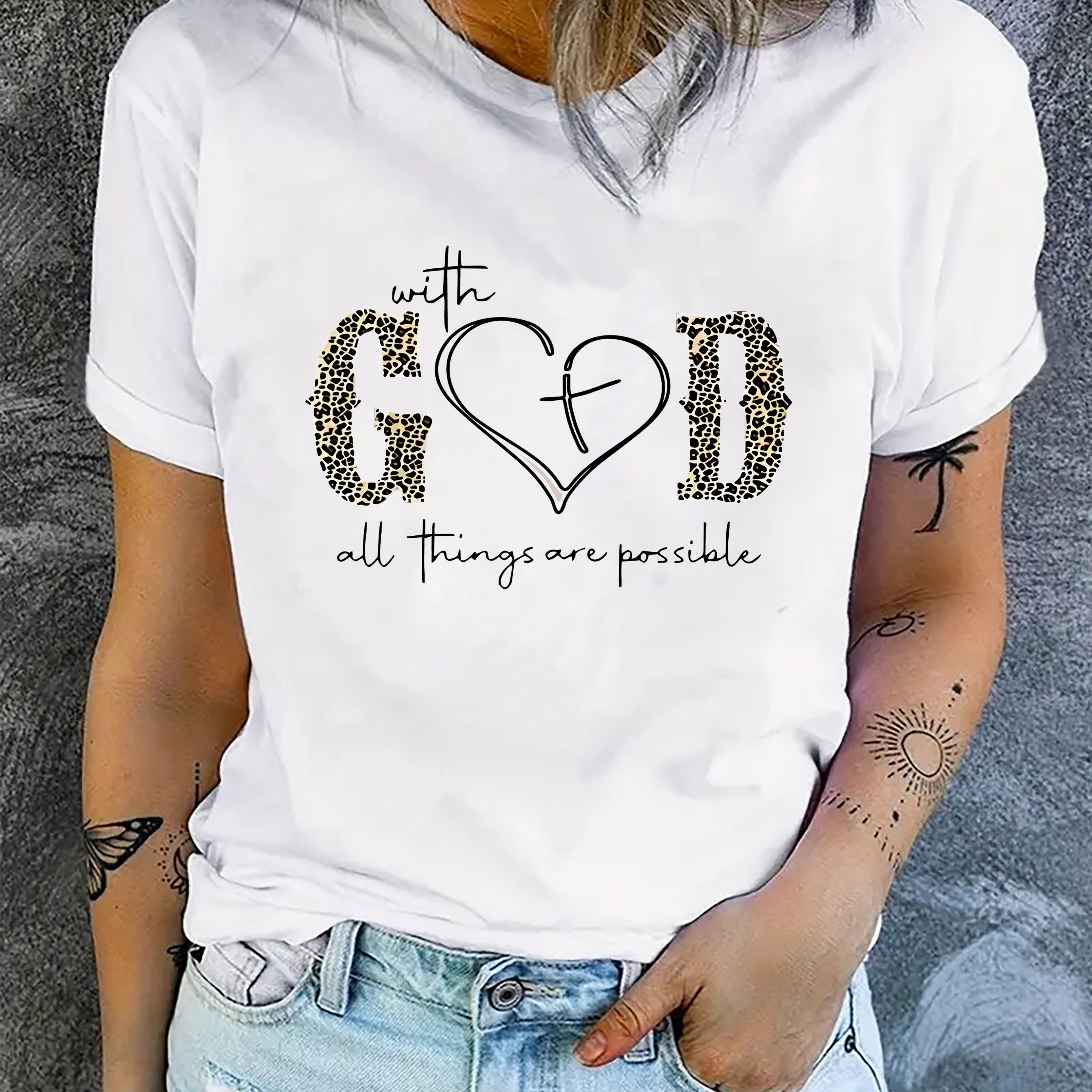 

With God Letter Print T-shirt, Casual Crew Neck Short Sleeve Top, Women's Clothing