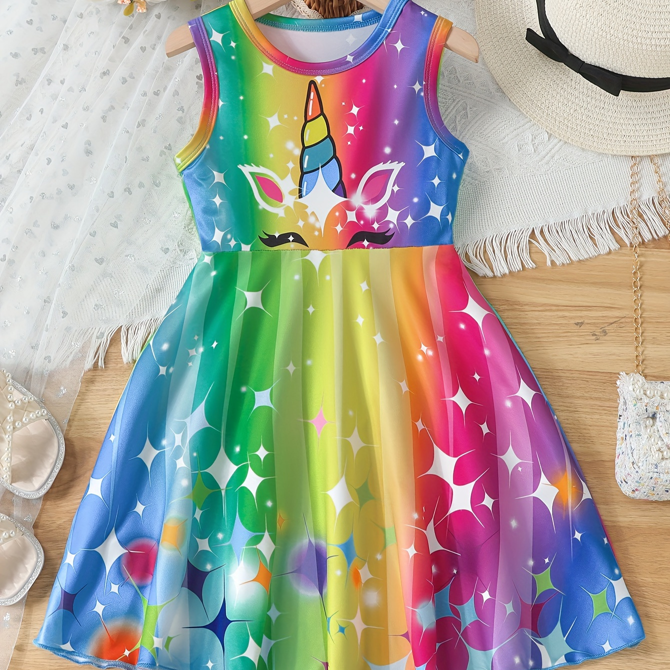 

Colorful Unicorn Print Sundress For Girls, Stretch Sleeveless Dress For Party Going Out