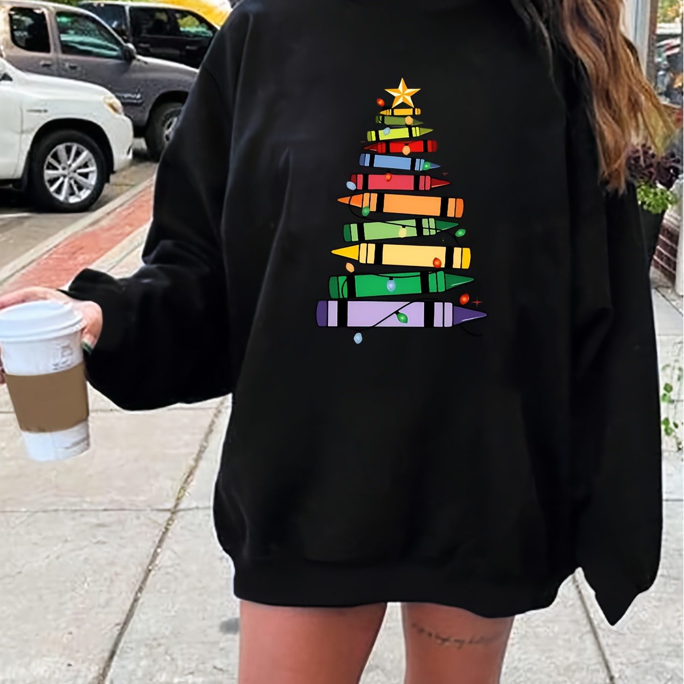 

Women's Christmas Tree Graphic Sweatshirt - Casual Crew Neck, Long Sleeve Pullover For Fall & Winter, Machine Washable