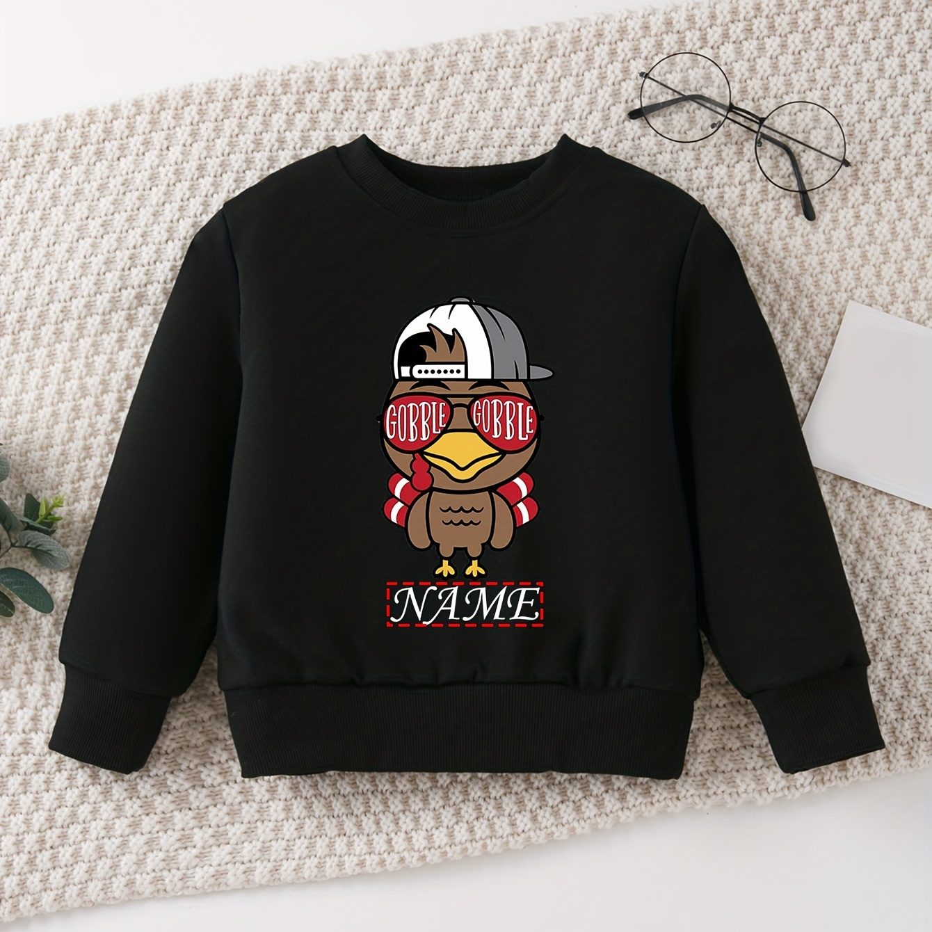 

Showtly Kids' Thanksgiving Custom Name Turkey Graphic Crew Neck Sweatshirt Casual Polyester Long Sleeve Top For Boys - Spring/fall Knit Fabric Pullover