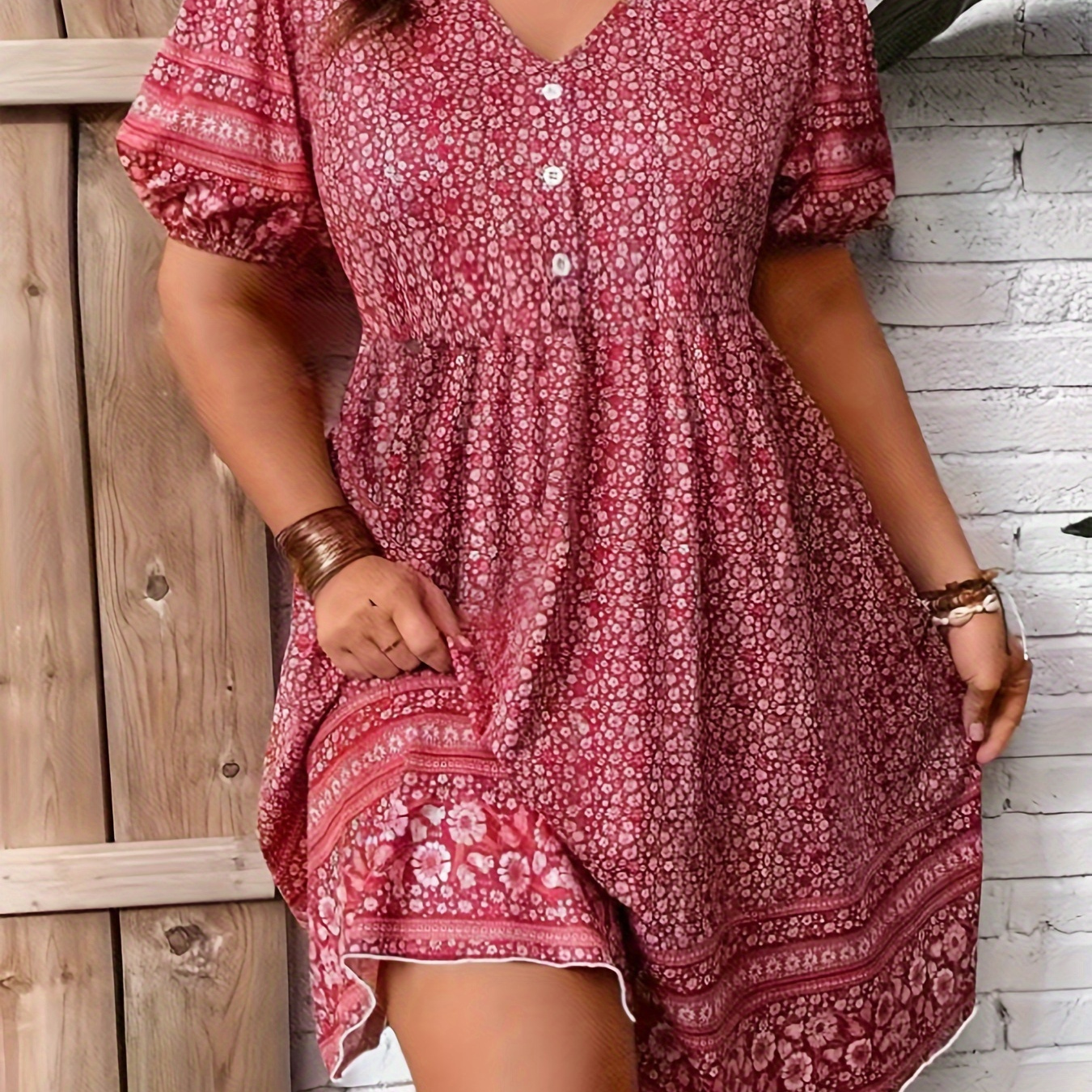 

Plus Size Floral Print Button Front Dress, V Neck Short Sleeve Casual Dress, Women's Plus Size Clothing