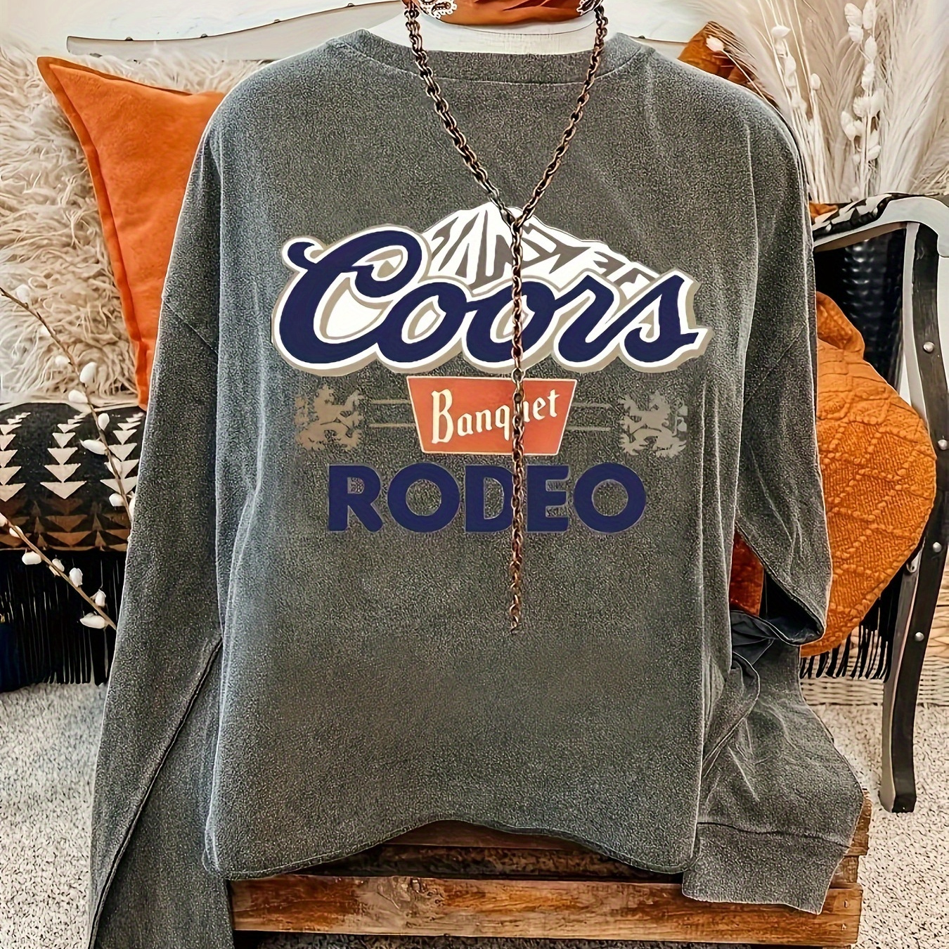 

Women's Casual Crew Neck Sweatshirt With Letter Print, Polyester 100% Knit Fabric, , 250g/m² Weight - Coors Banquet Rodeo Graphic Tee