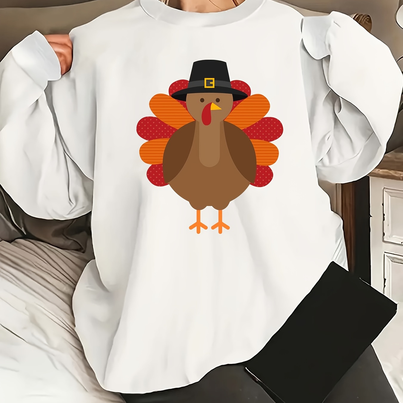 

Plus Size Thanksgiving Turkey Print Sweatshirt, Casual Long Sleeve Crew Neck Pullover Sweatshirt, Women's Plus Size Clothing