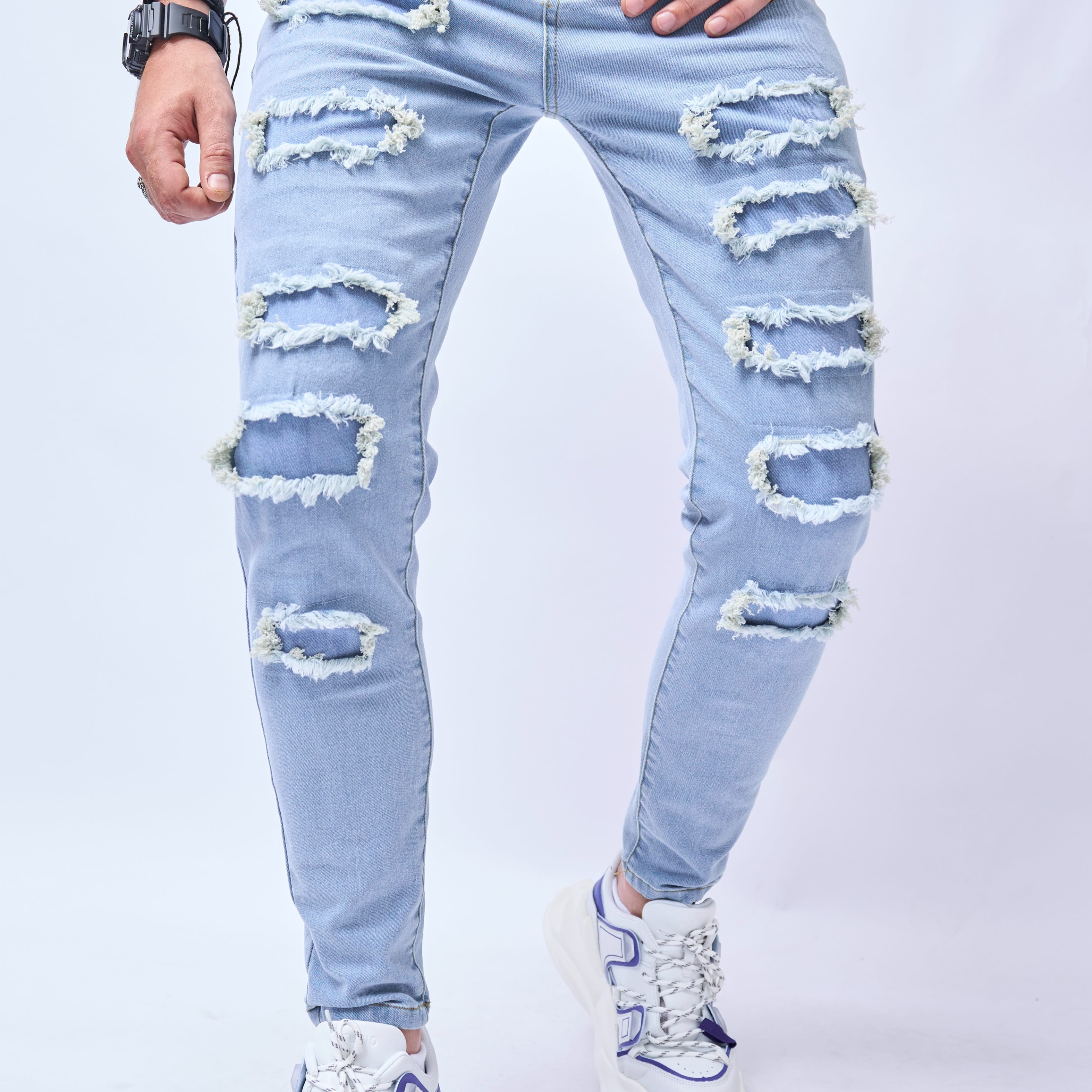 

Solid Skinny Patchwork Denim Pants For Men, Versatile Fashionable Casual Jeans