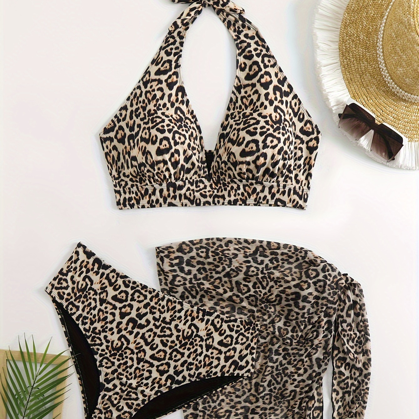 

Leopard Print Plus-size 3-piece Bikini Set, Vacation Style Halter Tie Strap Backless Bikini Top & Bottoms Swimsuit With Cover-up Skirt