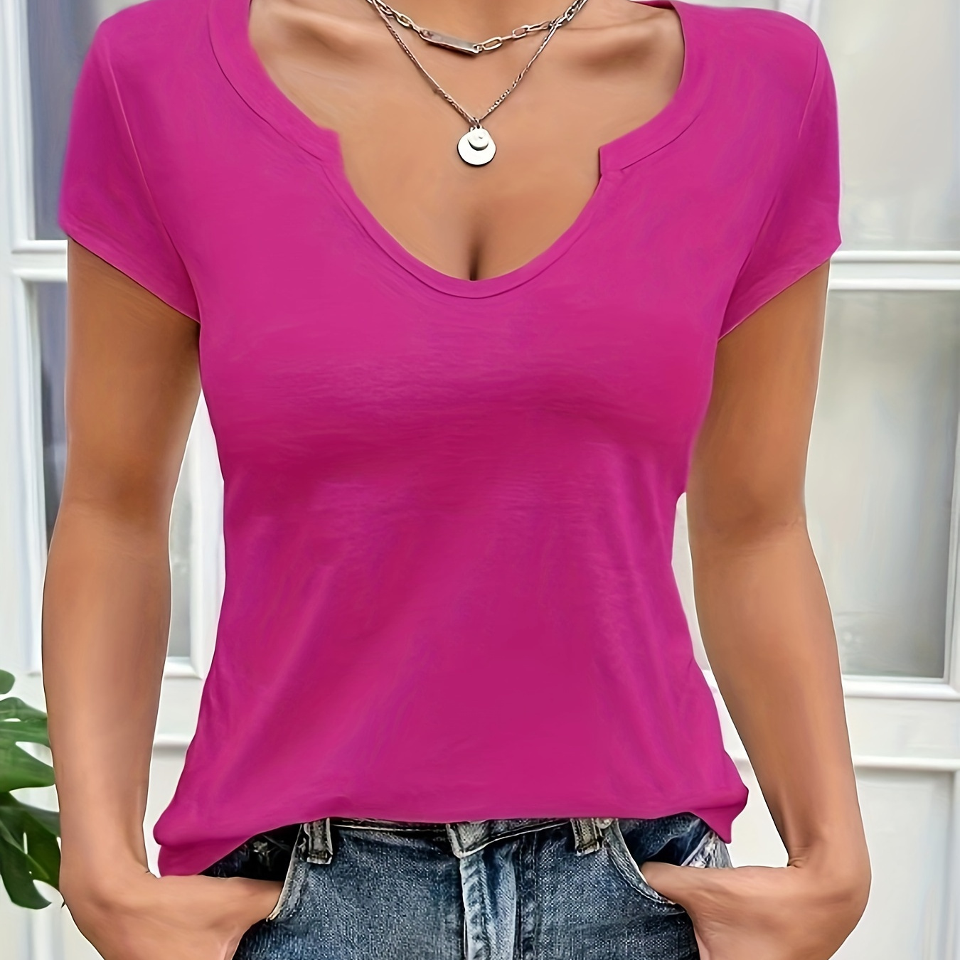 

Solid Color Notched Neck T-shirt, Casual Short Sleeve T-shirt For , Women's Clothing