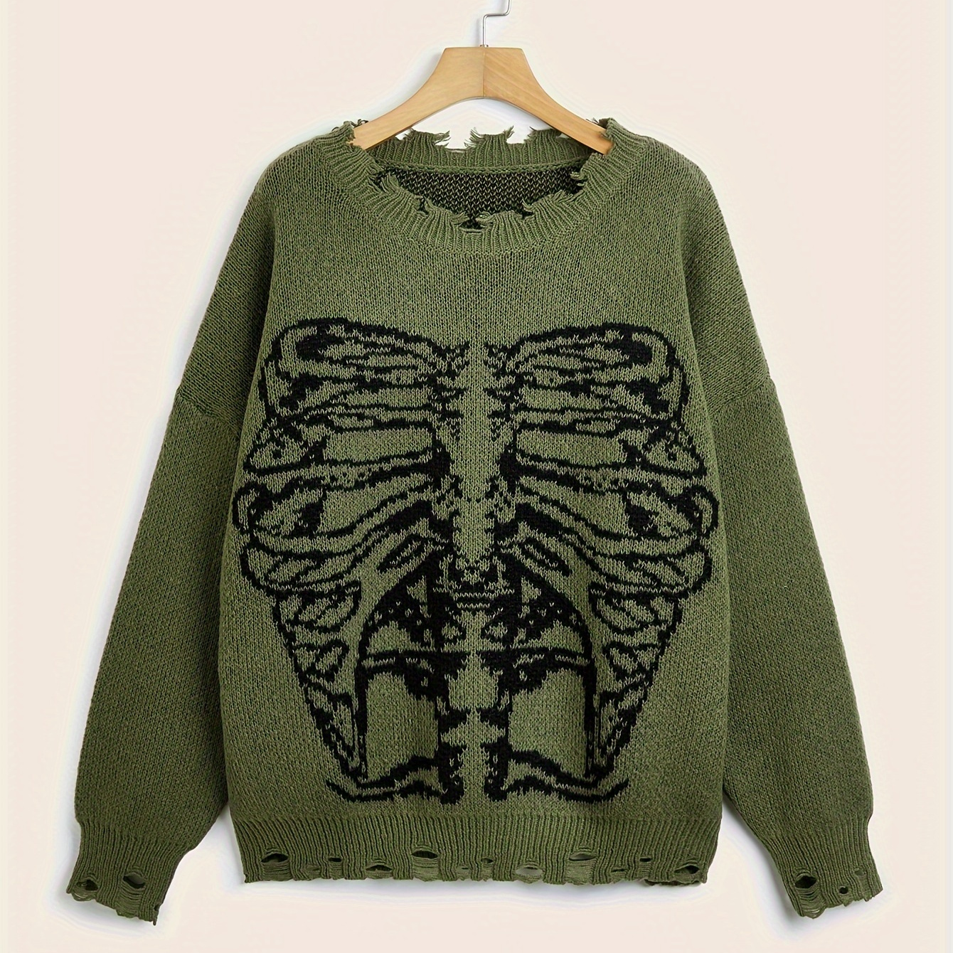 

Plus Size Goth Sweater, Women's Plus Skeleton Print Ripped Long Sleeve Round Neck Sweater