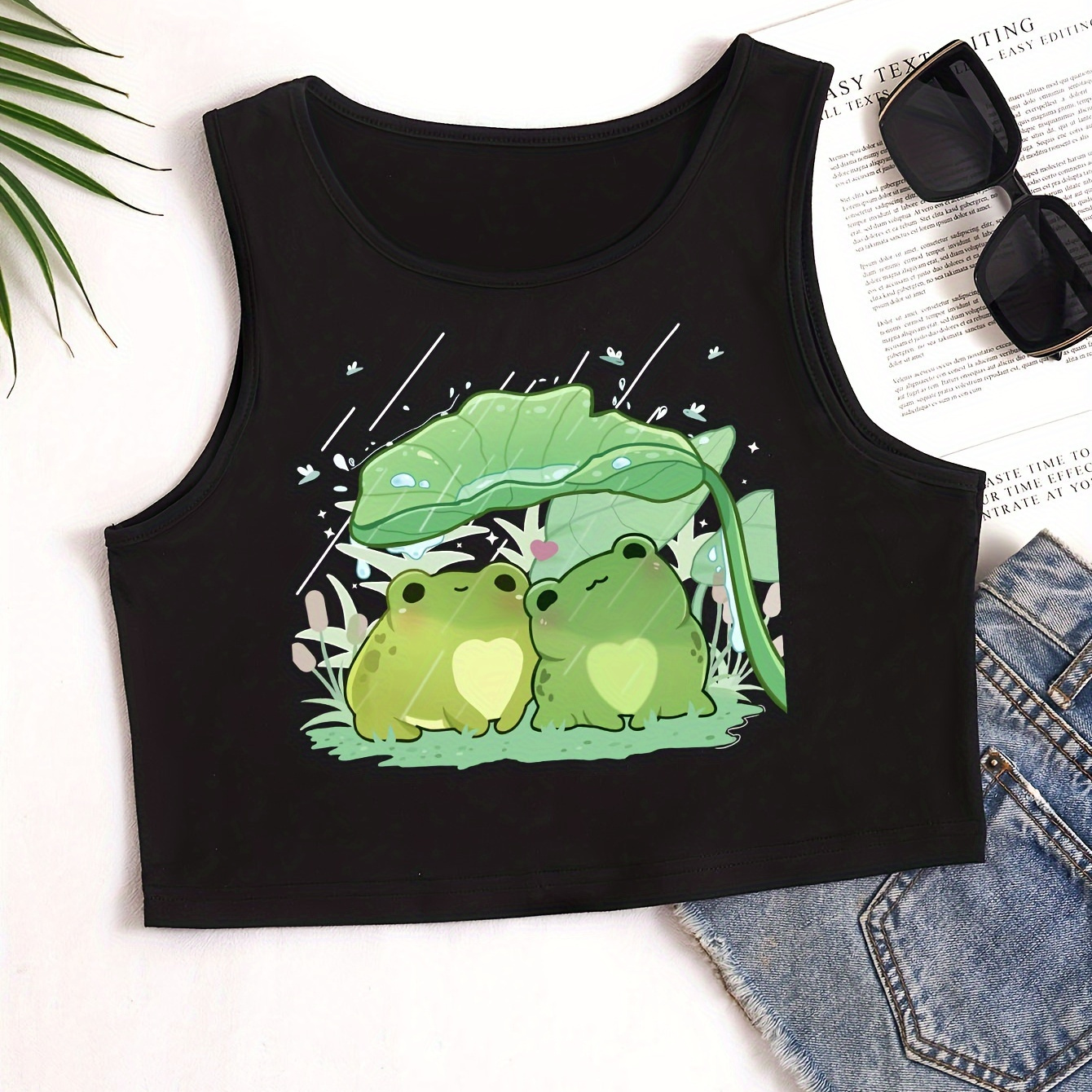 Cartoon Frog Print Crop Top Cute Sleeveless Crew Neck Tank - Temu