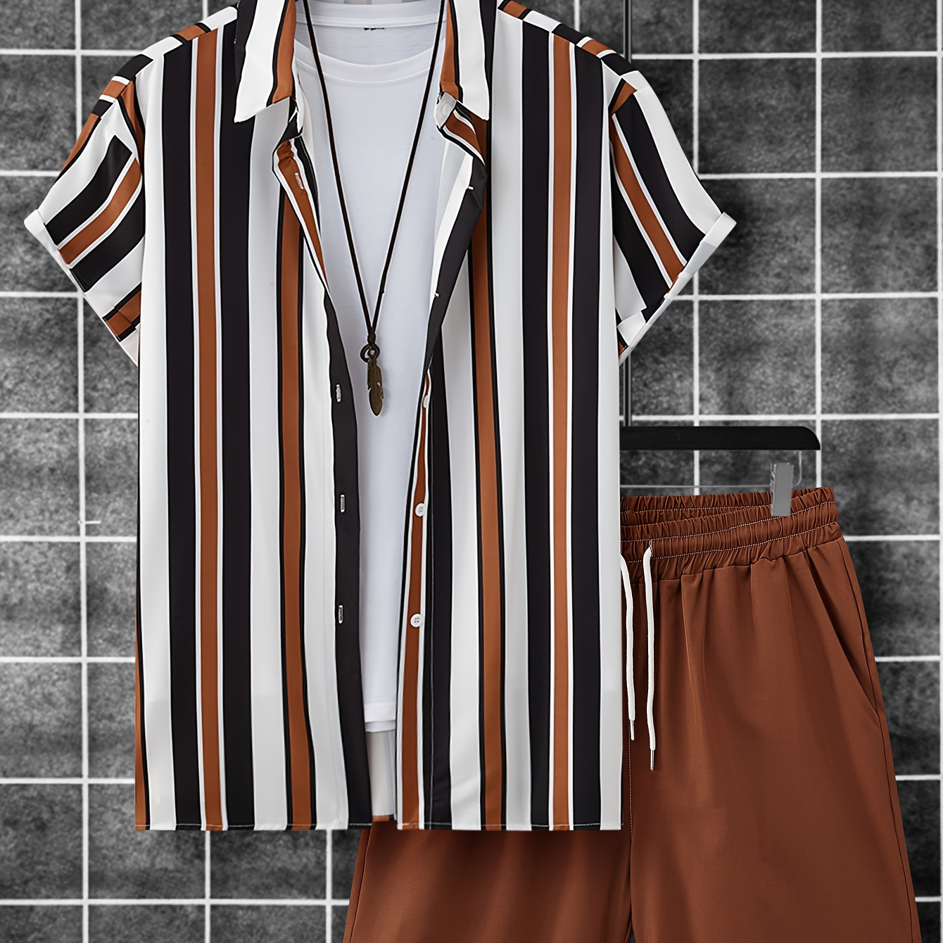 

Vertical Striped Pattern Print, Men's 2pcs Outfits, Casual Lapel Button Up Short Sleeve Shirts Shirt And Drawstring Shorts Set For Summer, Men's Clothing