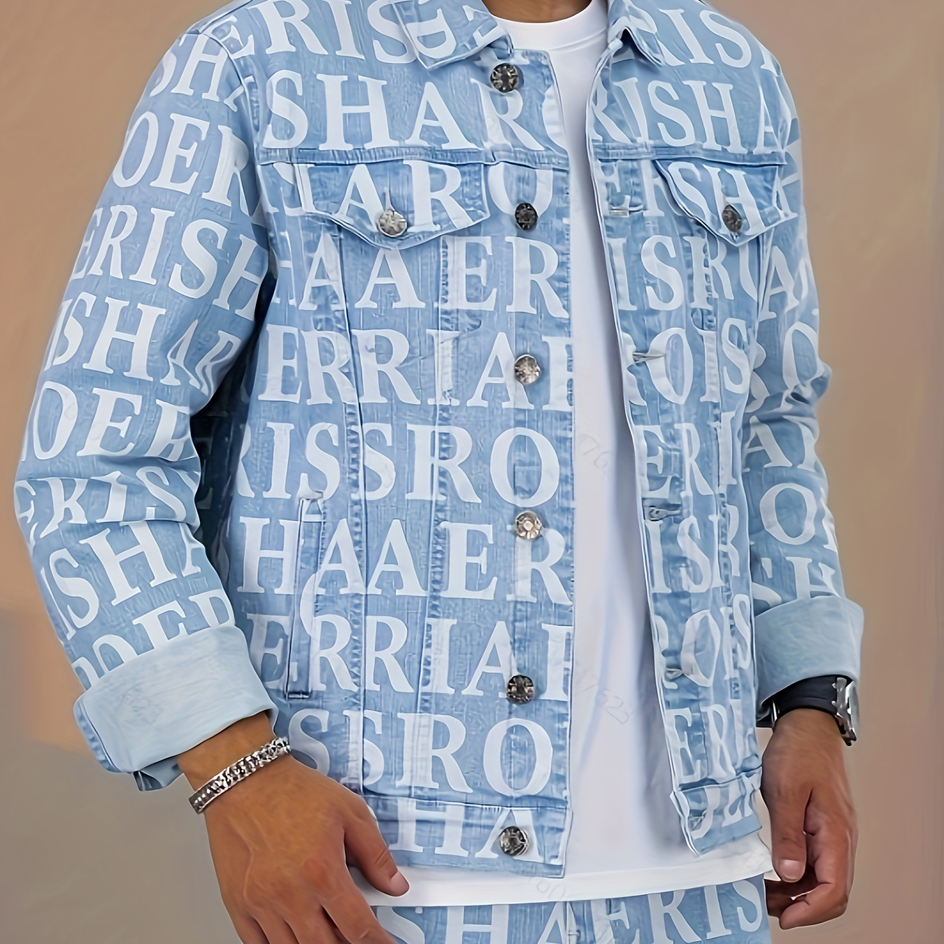 

Men's Denim Jacket With Letter Full Print, Cool And Coats For Outdoor Wearing