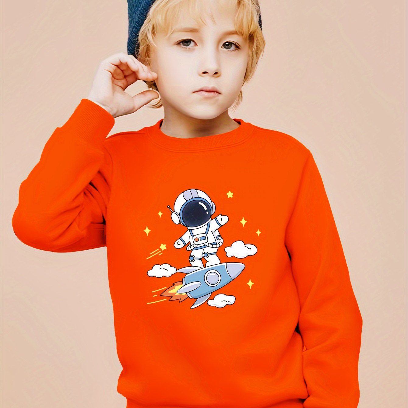 

Cartoon Astronaut And Rocket Print Boys Casual Creative Pullover Sweatshirt, Long Sleeve Crew Neck Tops, Kids Clothes Outdoor