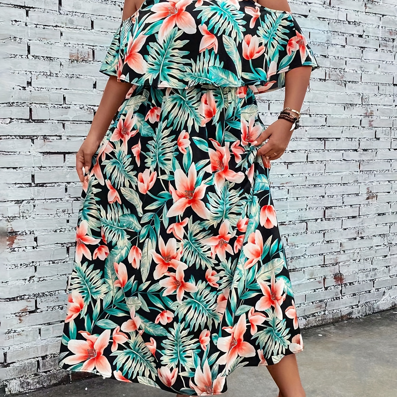 

Plus Size Floral Print Dress, Elegant Vacation Cold Shoulder Dress For Spring & Summer, Women's Plus Size clothing