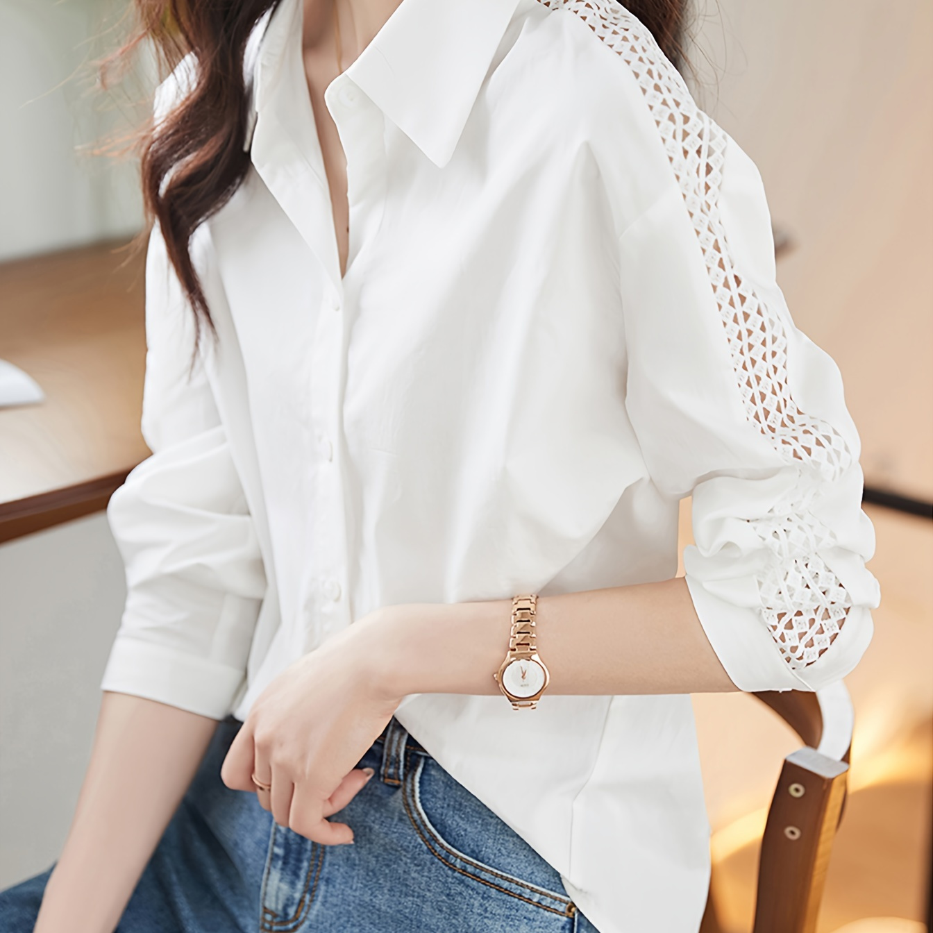 

Solid Color Button Front Shirt, Casual Contrast Lace Hollow Out Long Sleeve Blouse For Spring & Fall, Women's Clothing