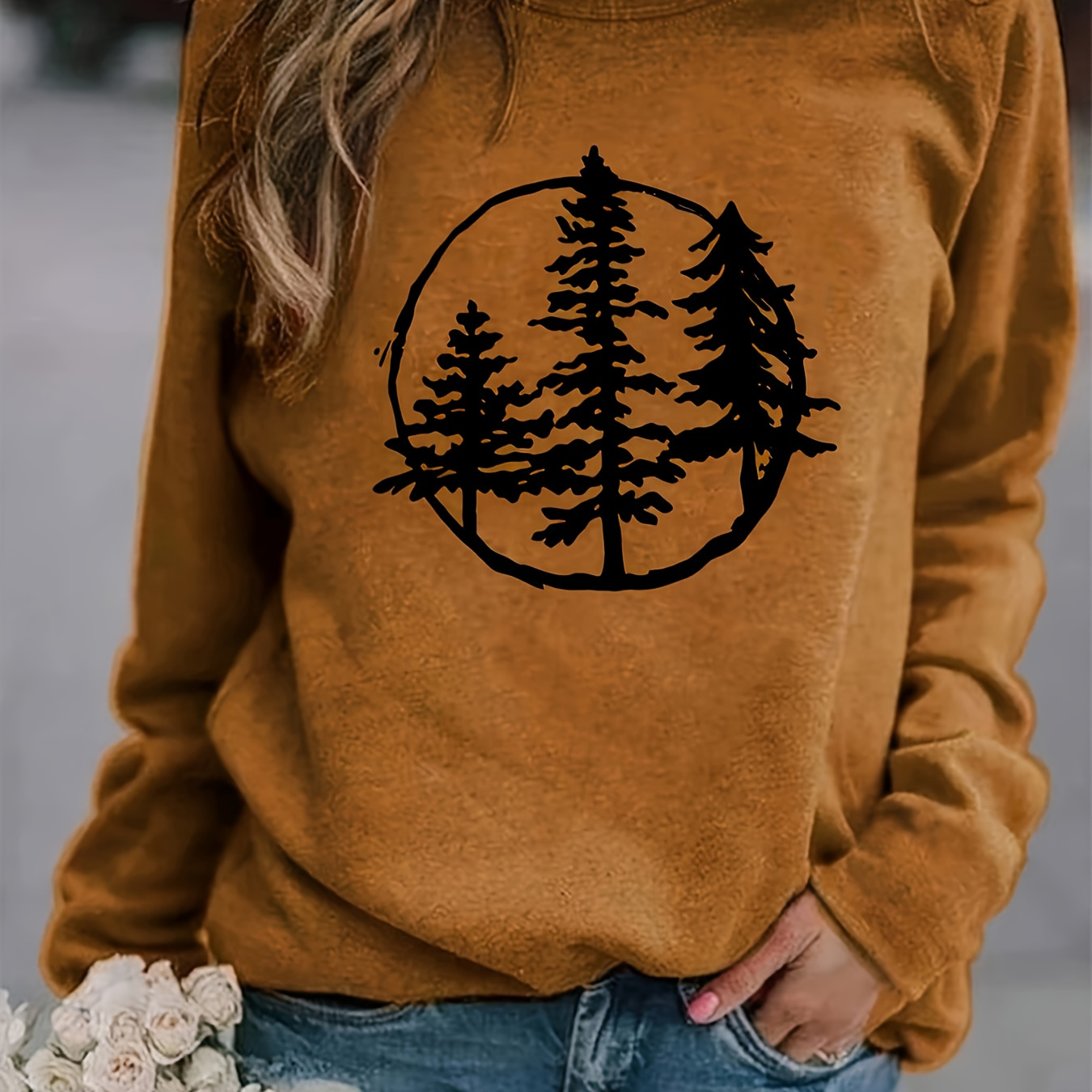 

Tree Print Crew Neck T-shirt, Casual Long Sleeve T-shirt For Spring & Summer, Women's Clothing