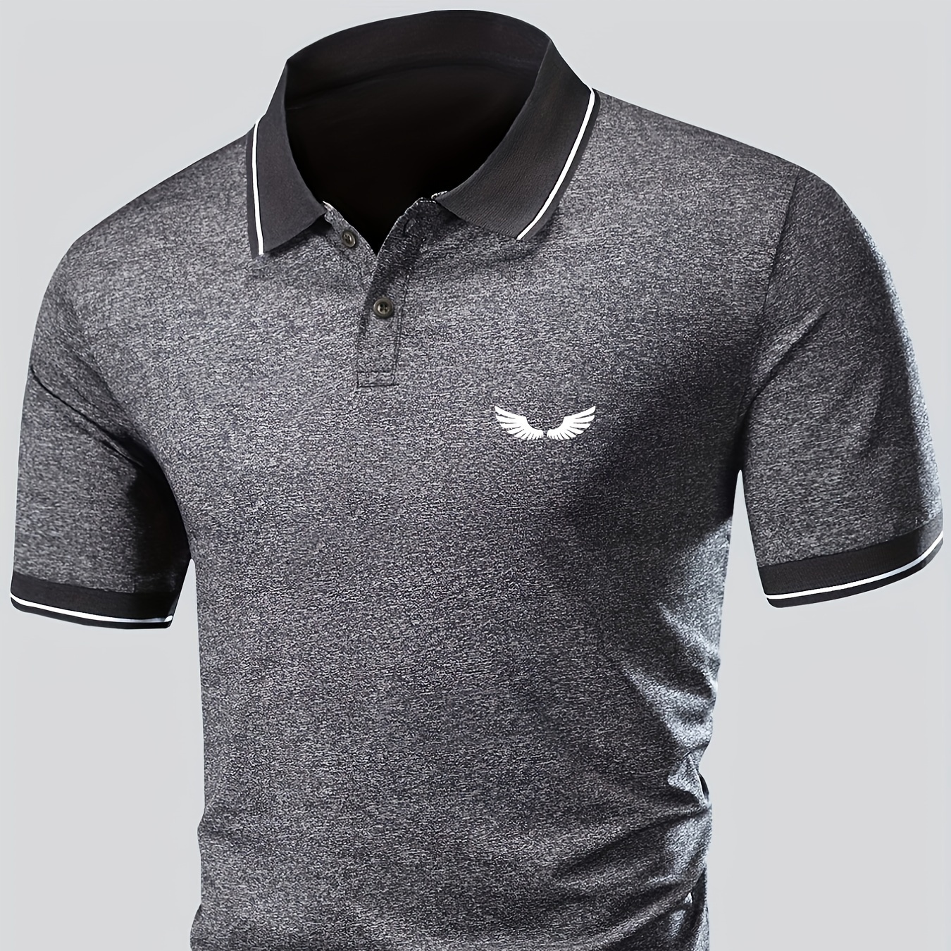 

Trendy Wings Print Men's Casual Button Up Short Sleeve Lightweight Polo Shirt, Men's Polo For Summer, Tops For Men