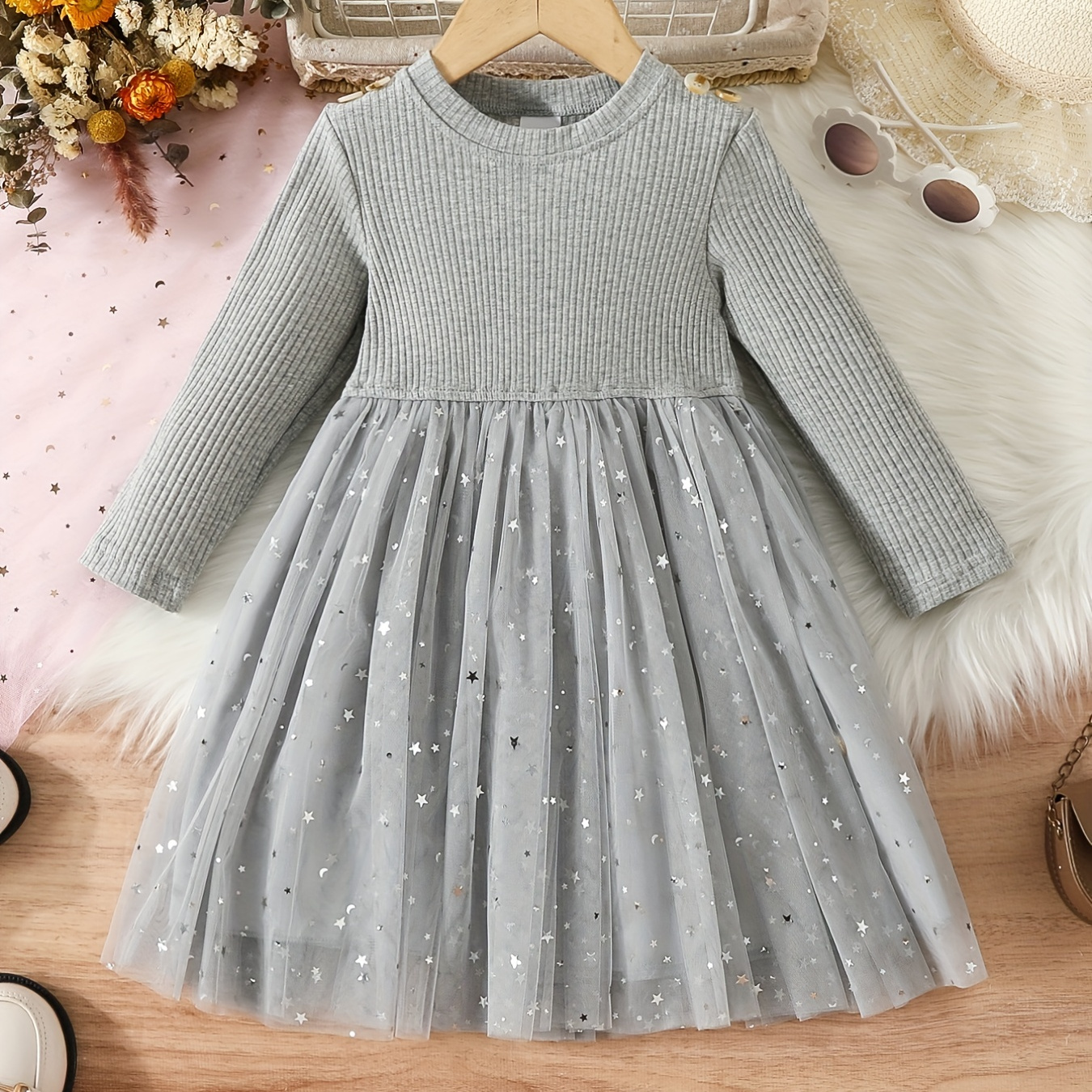 

Toddler Girls Mesh Dress With Sequin Crew Neck Long Sleeve For Autumn And Winter, Kids Clothing Gifts