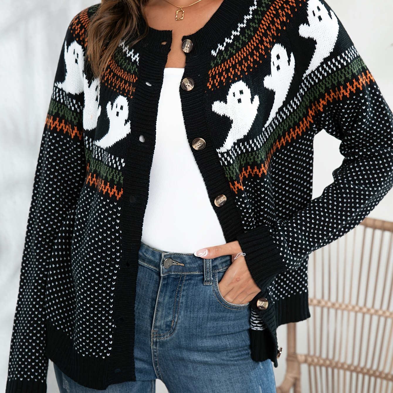 

Halloween Ghost Pattern Button Down Knit Cardigan, Vintage Crew Neck Long Sleeve Sweater, Women's Clothing