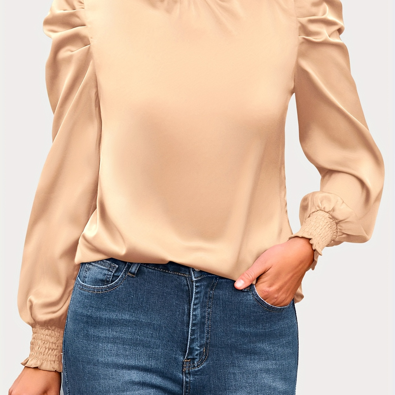 

Ladies' Spring 2025 Satin Fluffy Long Sleeve Shirt Stand Up Collar Shirt Business Casual Dress Shirt