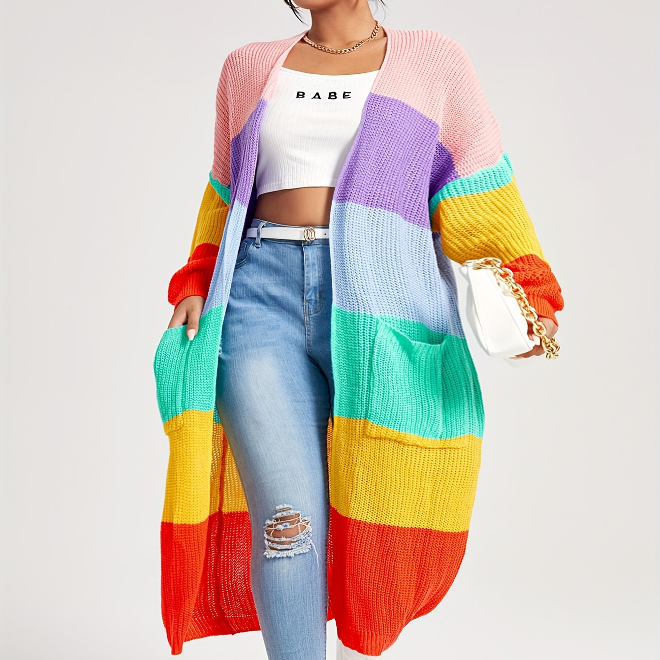 

Plus Size Rainbow Striped Open Front Cardigan, Casual Long Length Pocket Long Sleeve Cardigan, Women's Plus Size Clothing