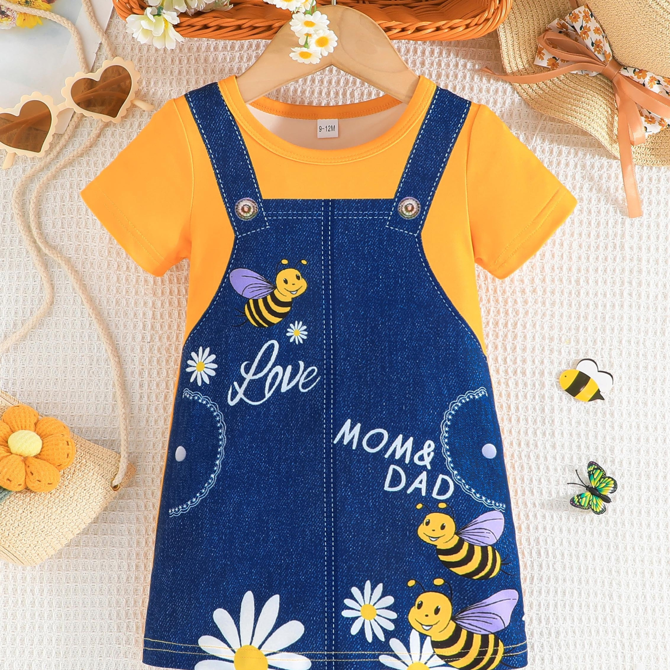 

Baby's Cartoon Bee Faux Denim Pattern Dress, Casual Short Sleeve Dress, Infant & Toddler Girl's Clothing For Summer/spring