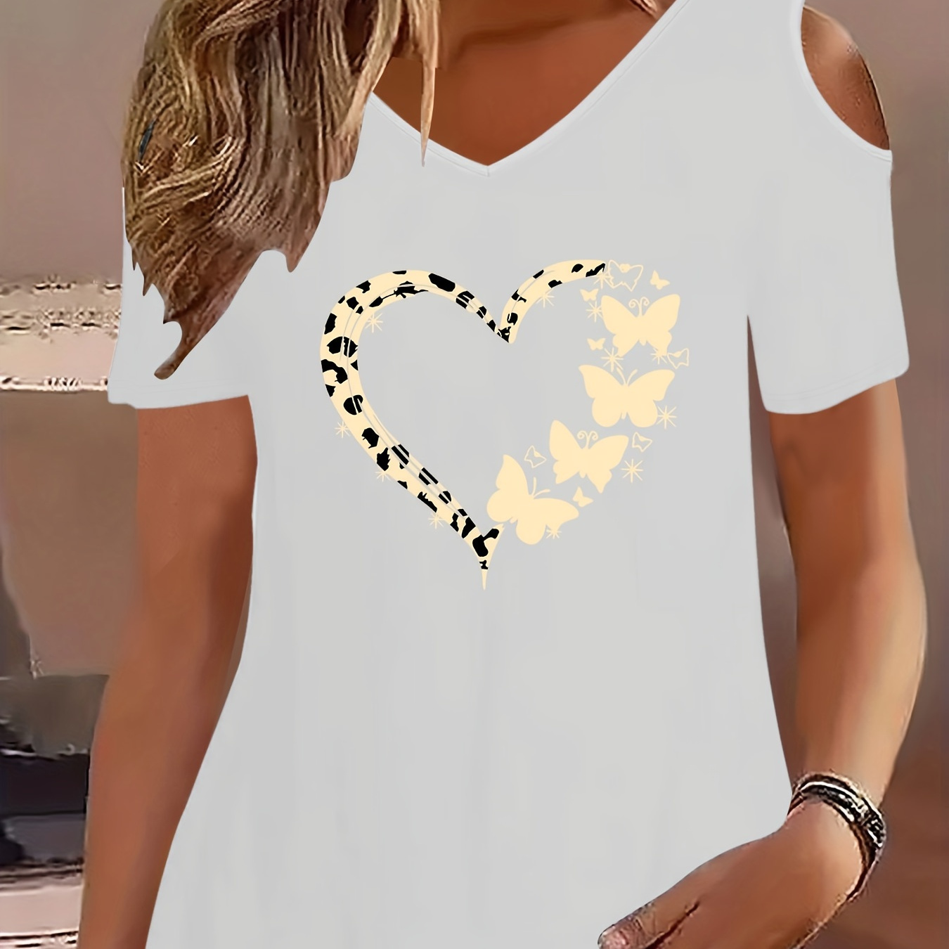 

Heart & Butterfly Print Cold Shoulder T-shirt, Casual V Neck Short Sleeve Top For Spring & Summer, Women's Clothing