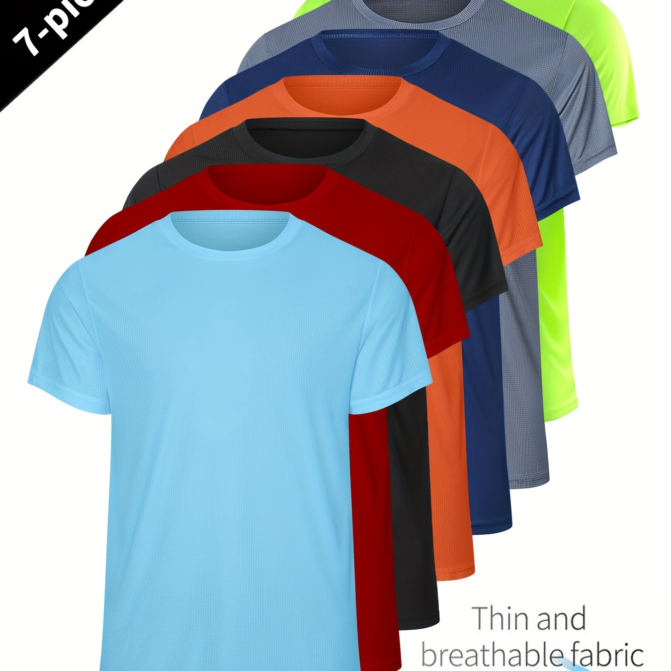 

7 t-shirts à manches courtes à col rond pour hommes, à séchage rapide et légers, de couleur unie, hauts de sport d'été pour l'entraînement, le fitness et la salle de sport.