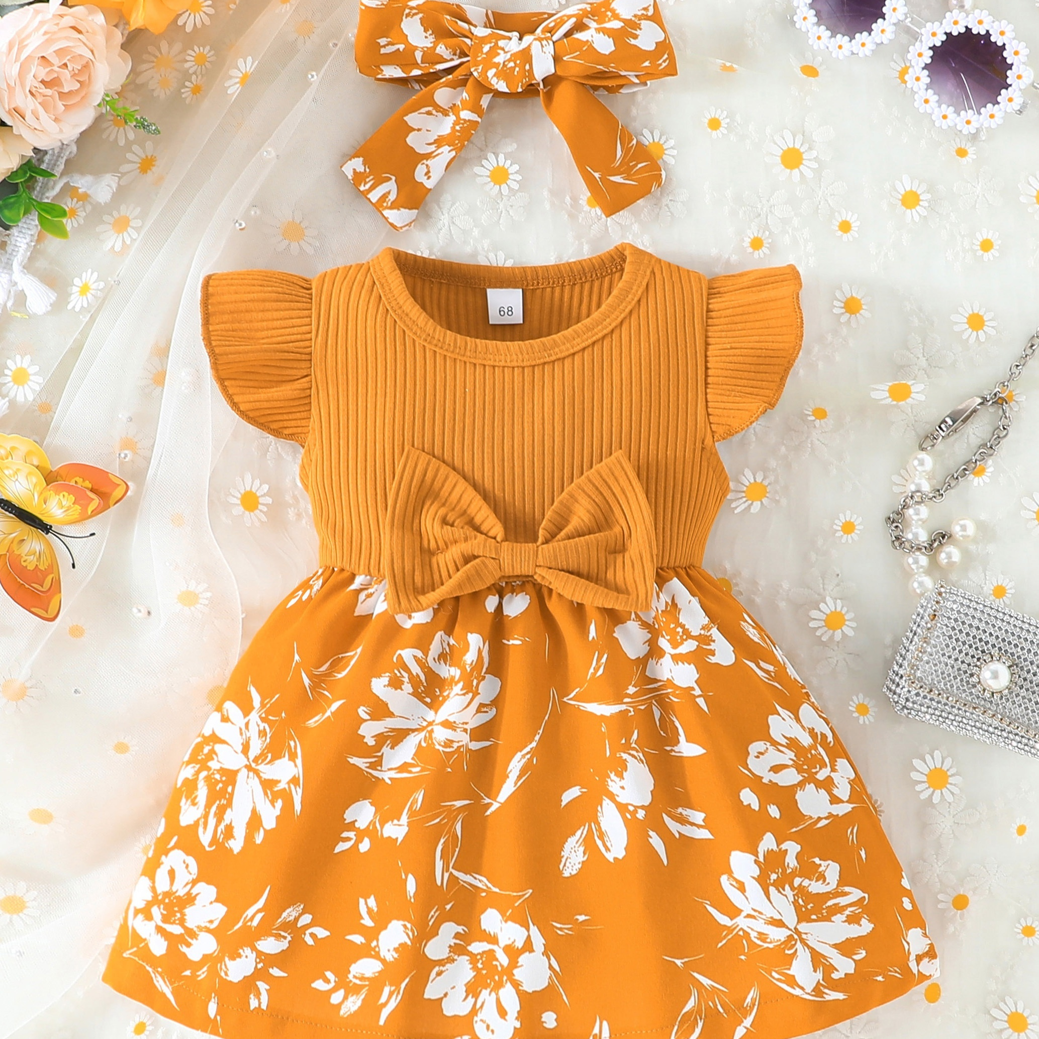 

Baby's Flower Pattern Splicing Casual Cotton Dress & Headband, Bowknot Decor Cap Sleeve Dress, Infant & Toddler Girl's Clothing For Summer/spring, As Gift