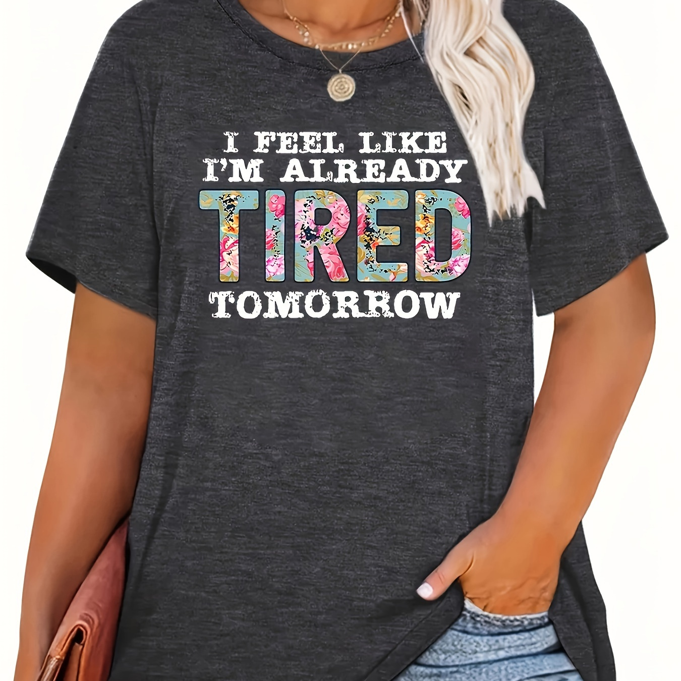 

Plus Size Tired Letter Print T-shirt, Casual Crew Neck Short Sleeve T-shirt, Women's Plus Size clothing