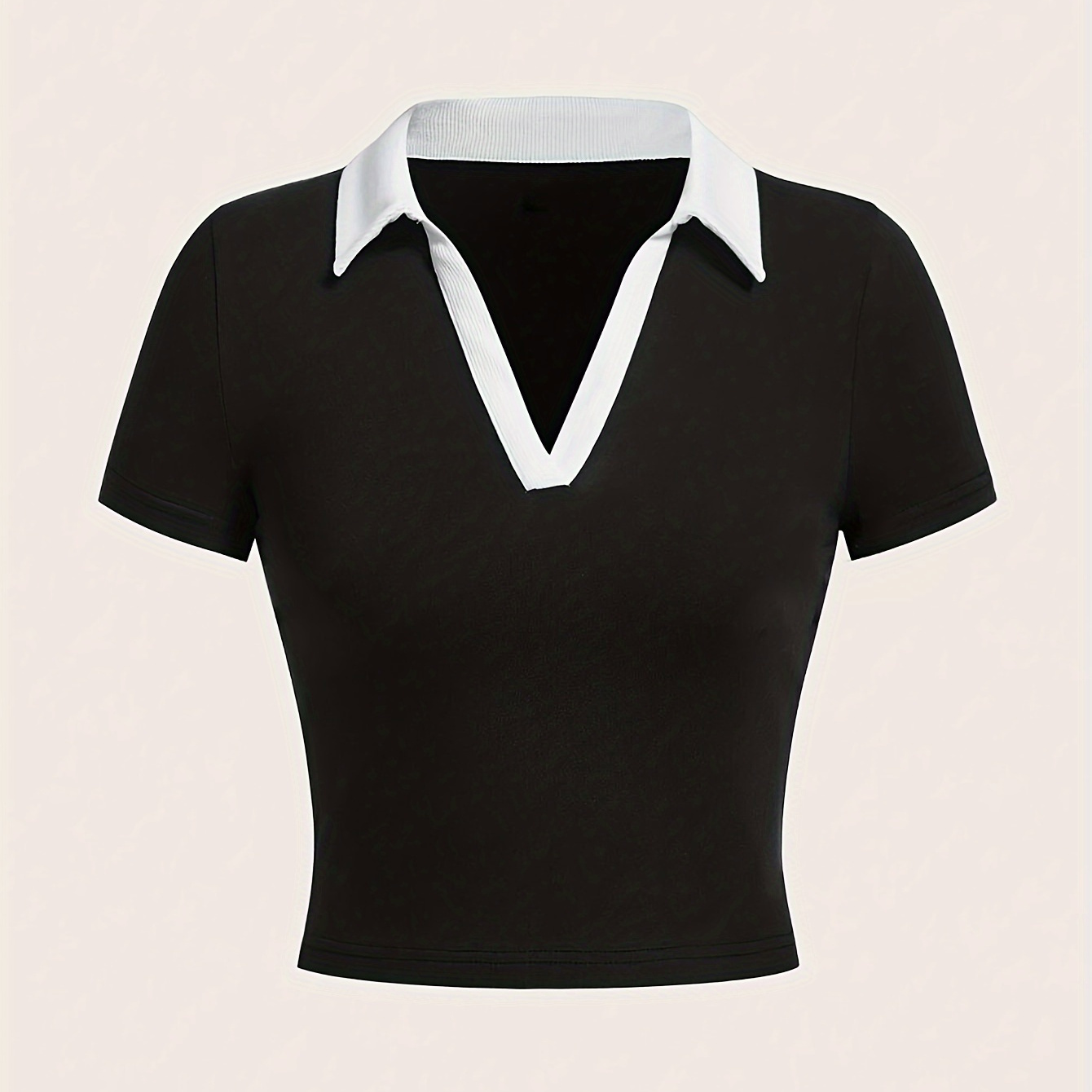 

Color Block Collared T-shirt, Casual Short Sleeve Slim Top For Spring & Summer, Women's Clothing