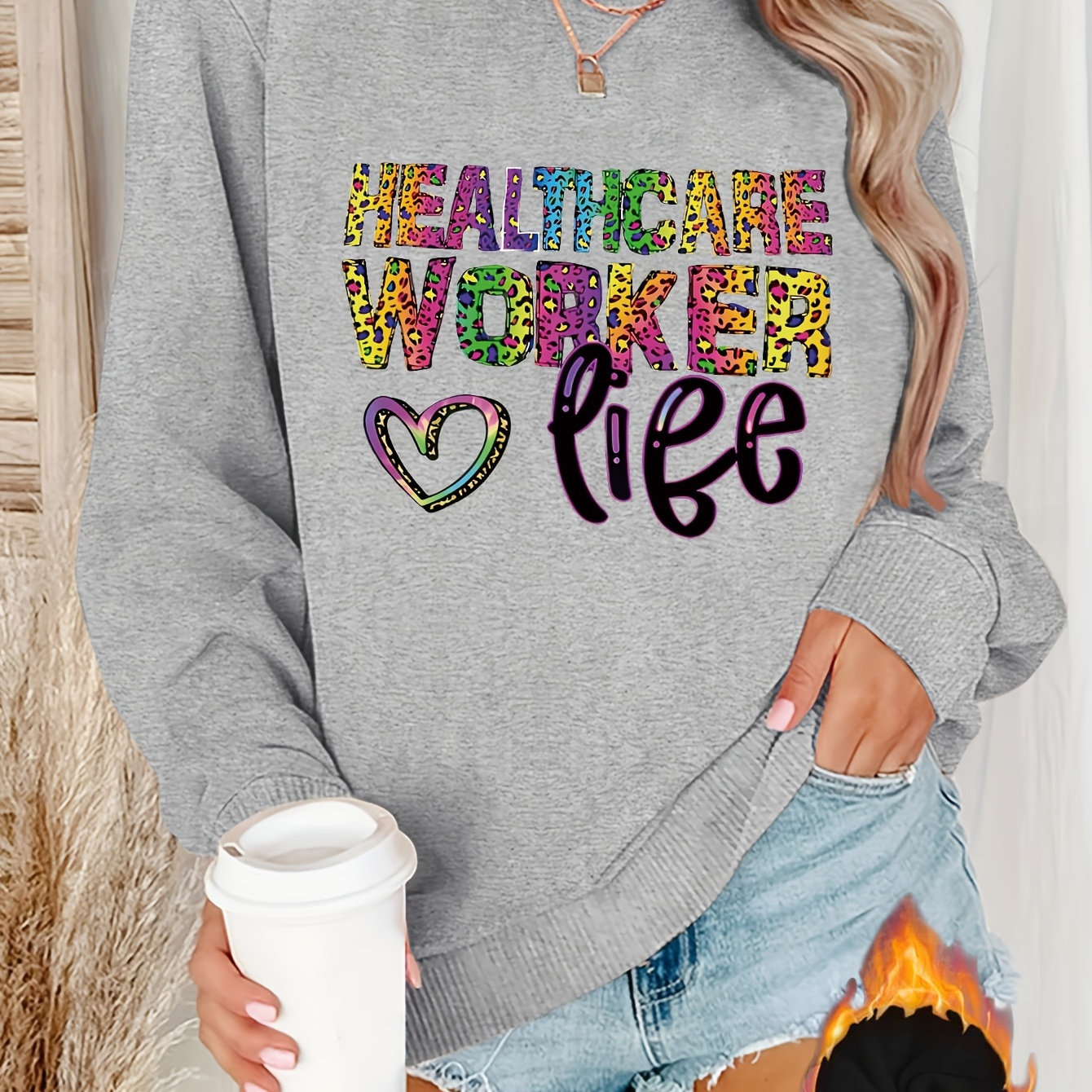 

Casual Crew Neck Sweatshirt For Women With Worker Life Applique - 100% Polyester Knit Fabric, Alphabet Pattern, Cozy Fleece-lined Pullover For Fall/winter