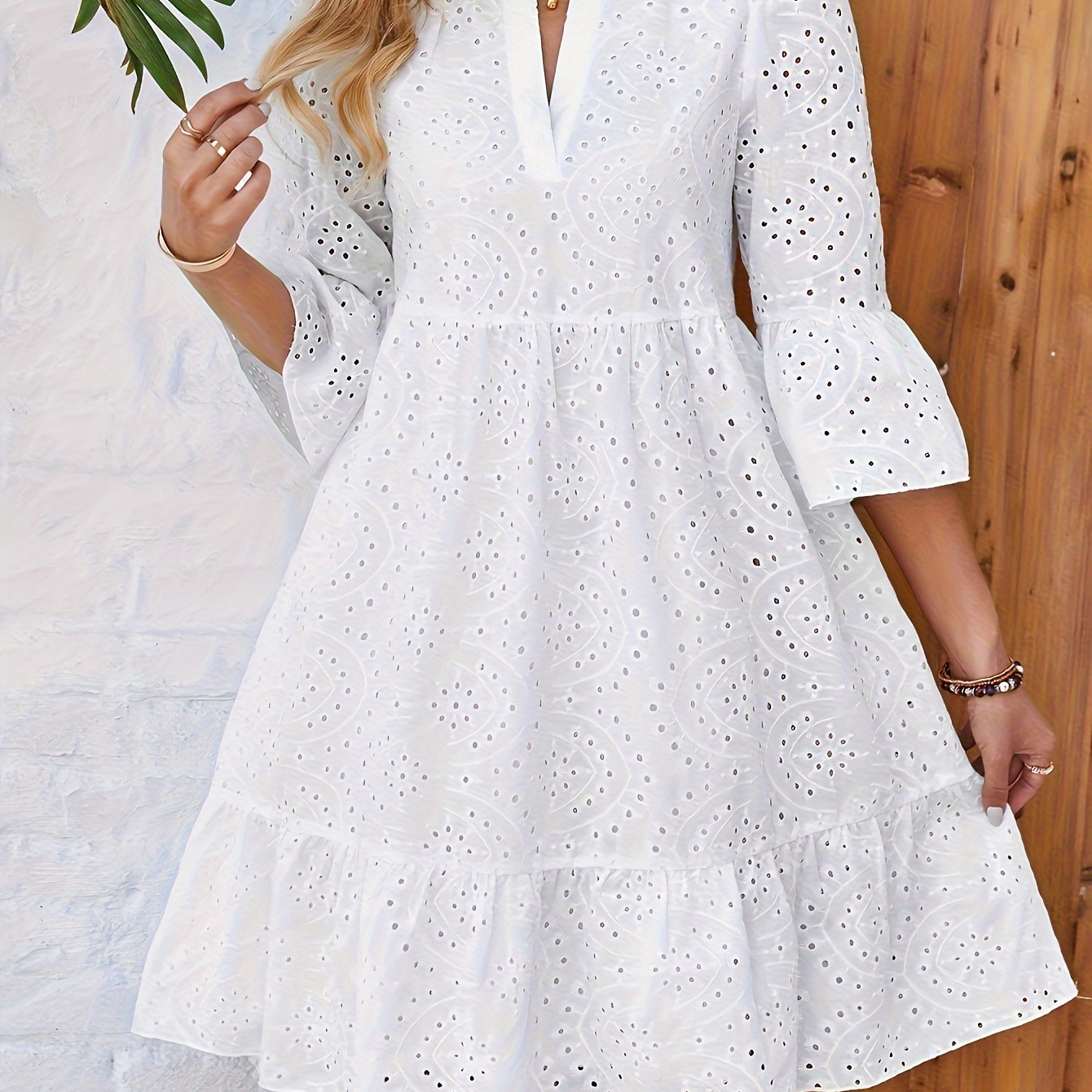 

Elegant A-line White Dress For Women With Embroidered Eyelet Detail - V-neck, 3/4 Sleeve, Knee-length, Casual Vacations, Machine Washable, Polyester