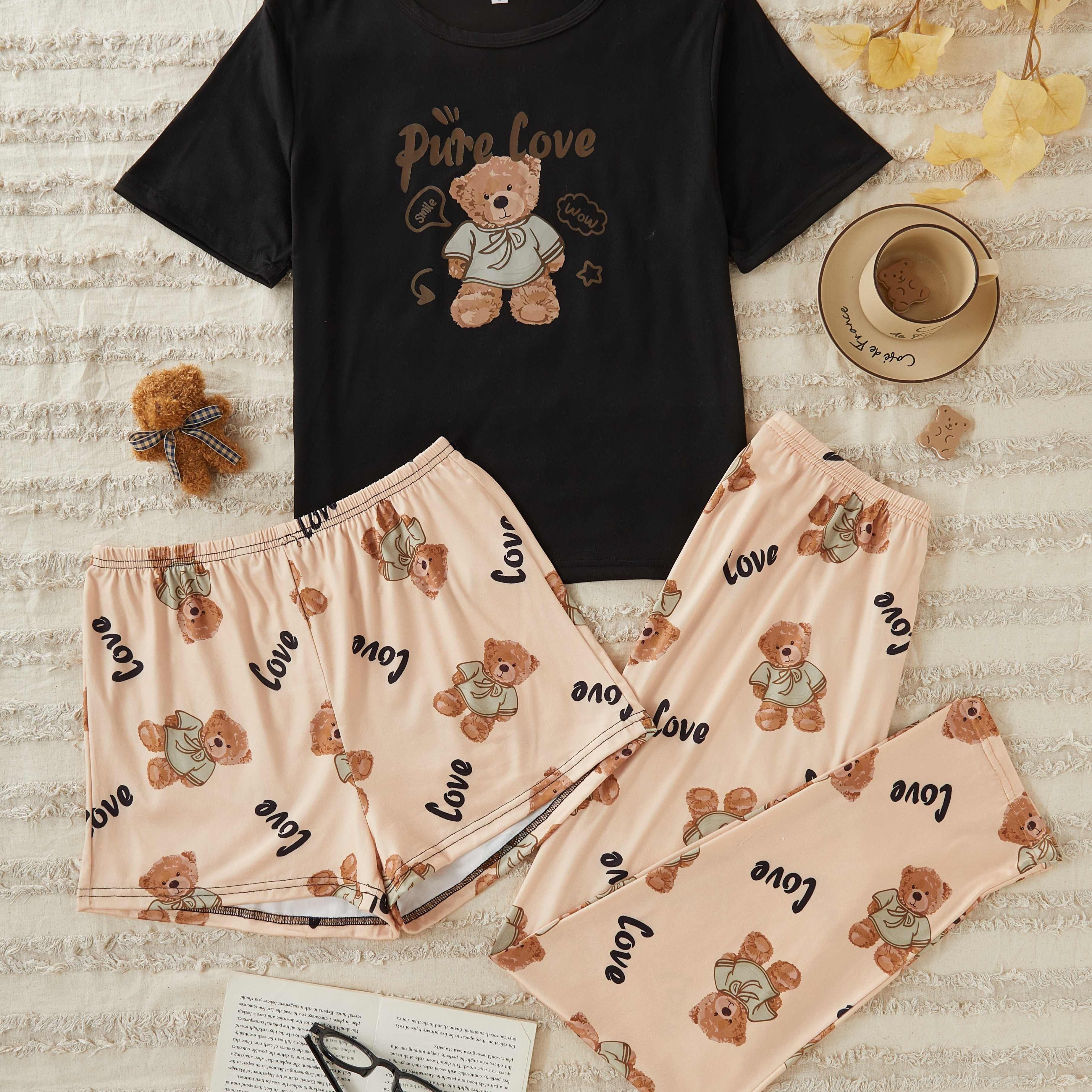 

Cozy Cartoon Bear Lady Pajama Set - Soft Polyester , Relaxed Style, Adult Size, All