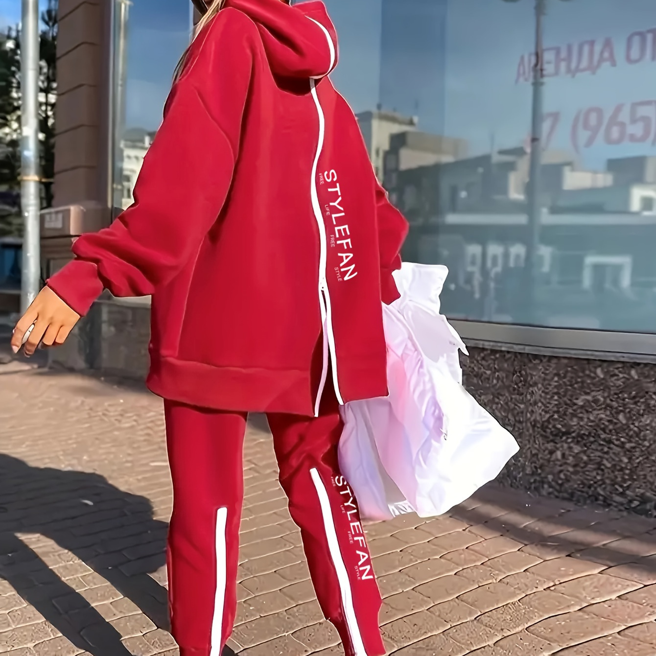 

Solid Color Hoodie Two-piece Set, Casual Drop Shoulder Long Sleeve Zipper Back Hoodies Sweatshirt & Elastic Waist Cuffed Pants Outfits, Women's Clothing