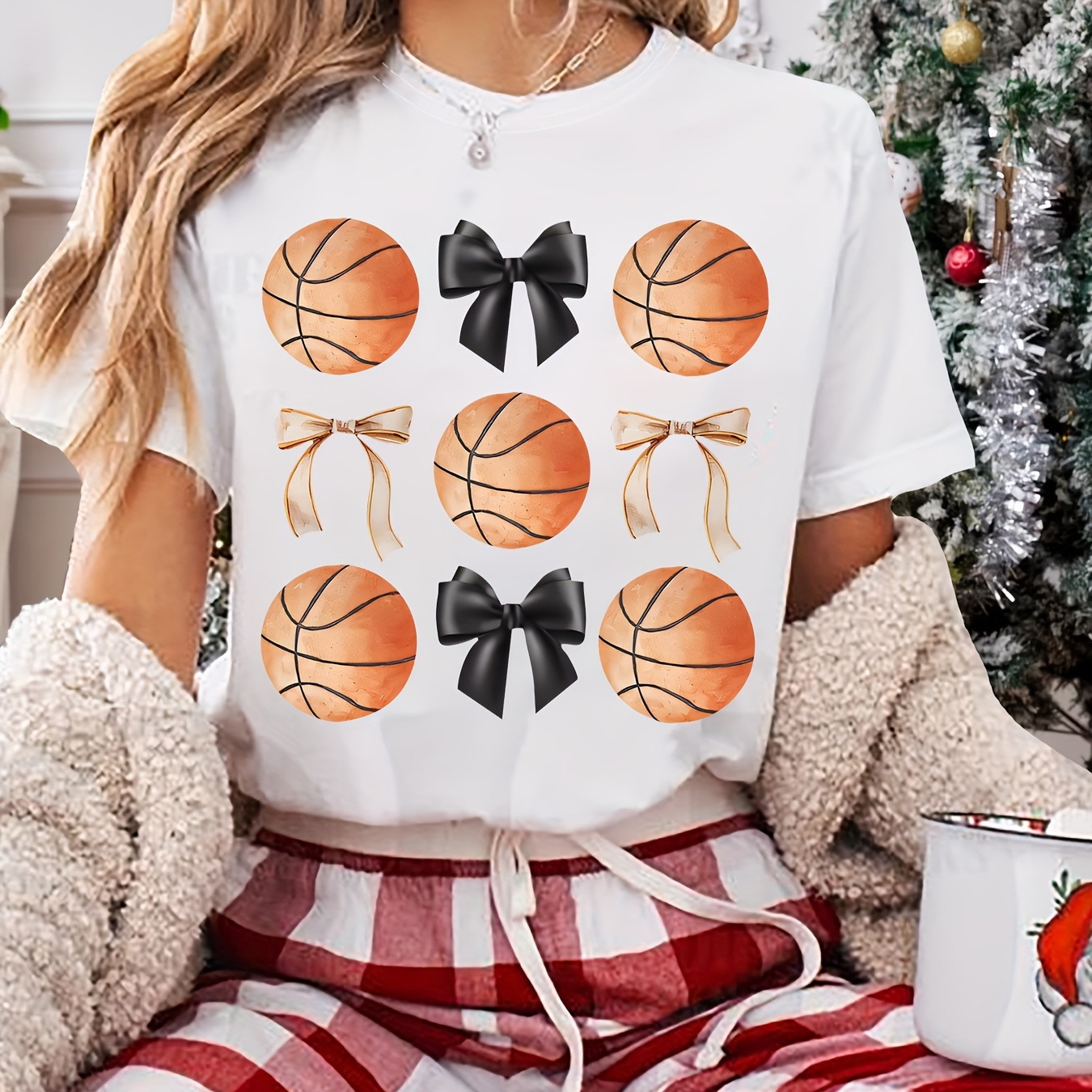 

Women's Christmas Basketball Print T-shirt, Casual Crew Neck Short Sleeve Top, Polyester Knit Fabric, All Season Fit, Regular Length -