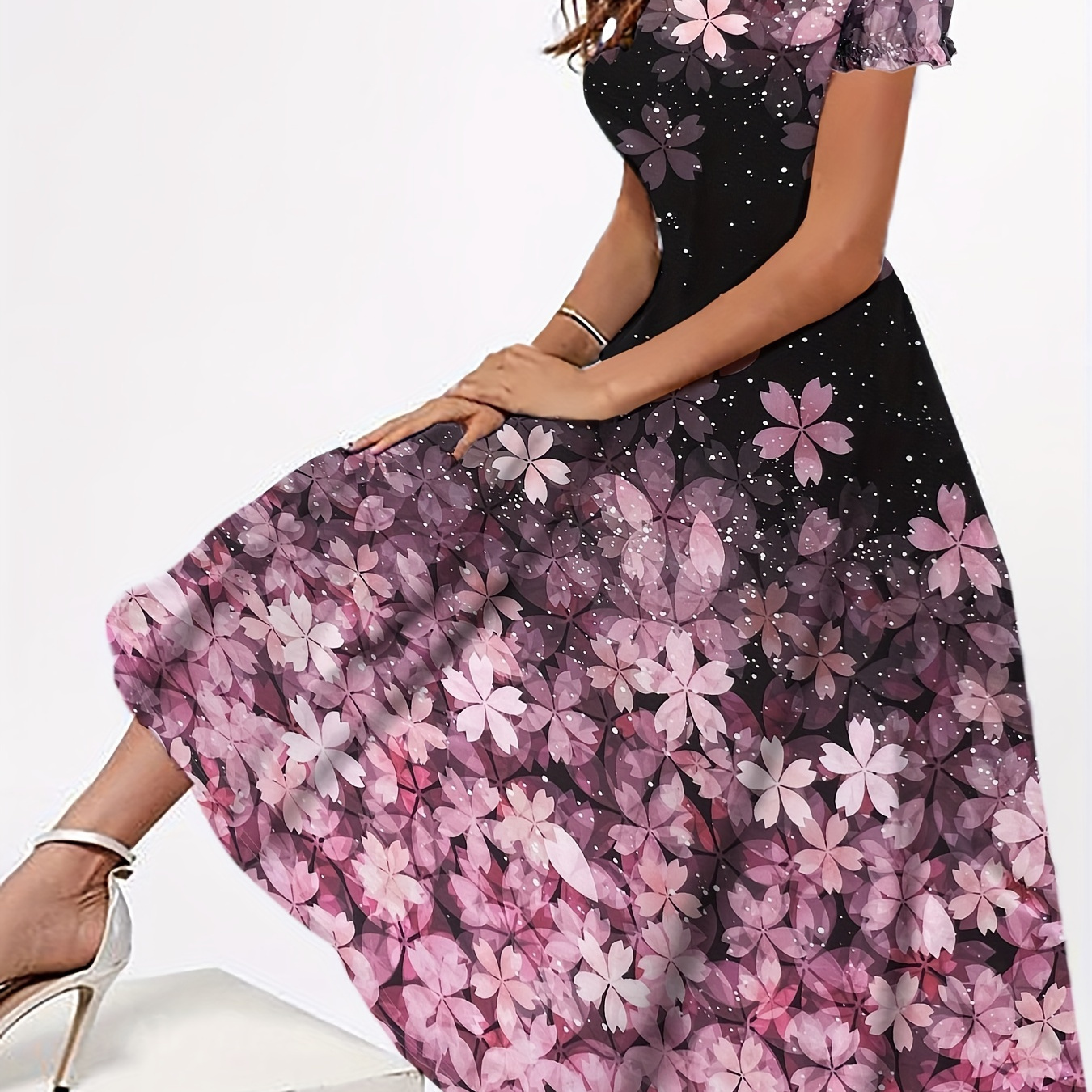 

Floral Print Crew Neck Dress, Elegant Short Sleeve Maxi Dress For Spring & Summer, Women's Clothing For Elegant Dressing