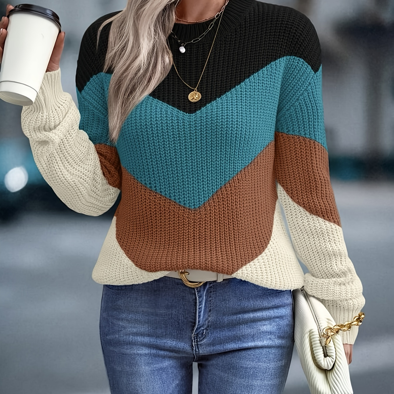 

Color Block Crew Neck Sweater, Elegant Long Sleeve Sweater For Fall & Winter, Women's Clothing