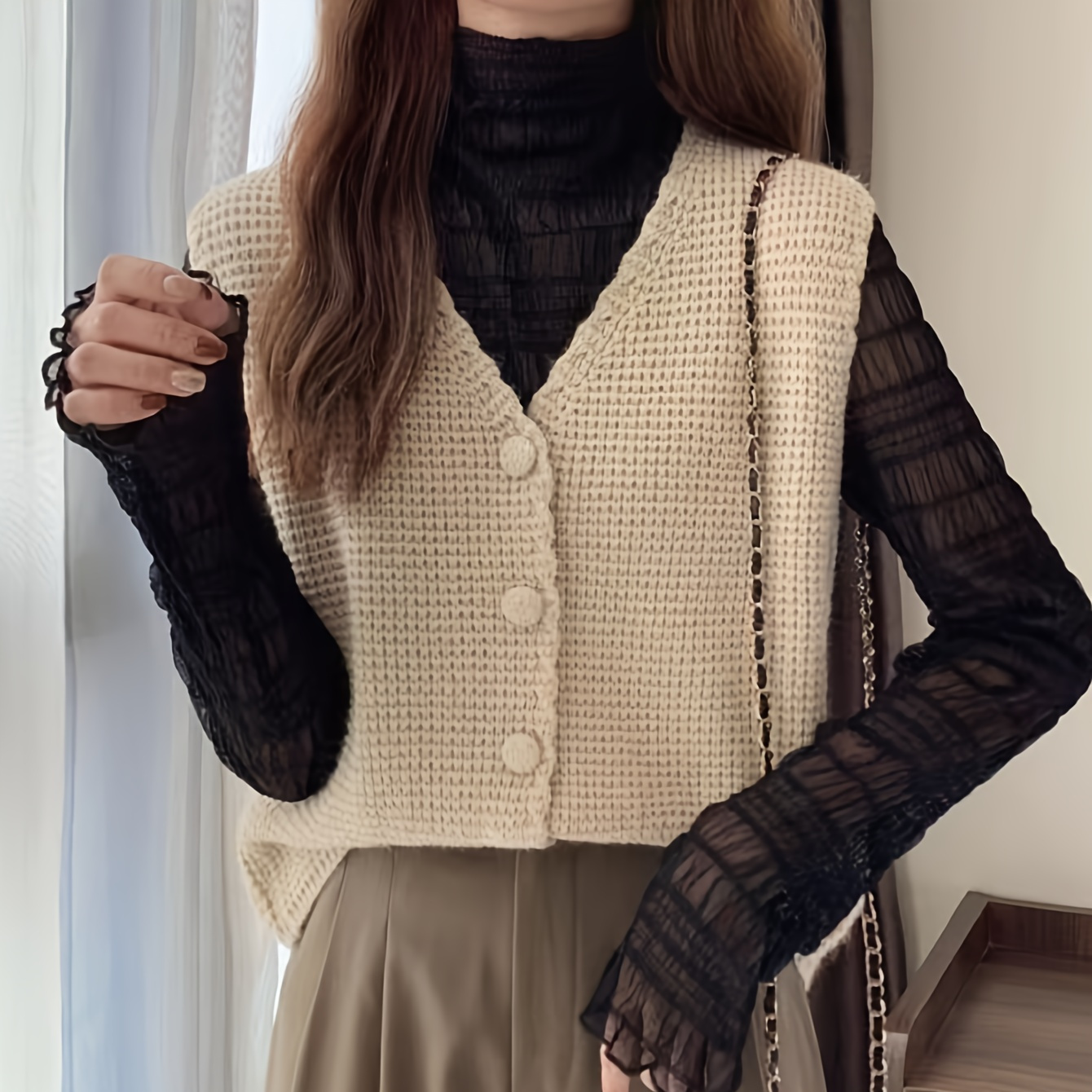 

Chic Waffle-knit V-neck Sweater Vest For Women - & Stylish, Layering Or , Polyester, Handwash/