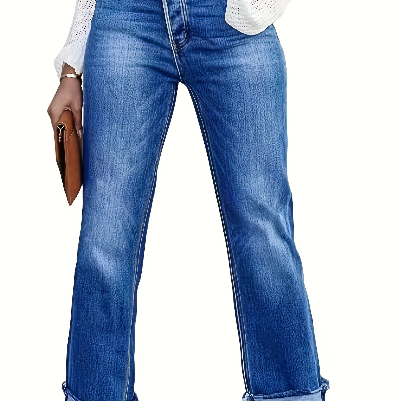 

Women's Elegant Straight Leg Jeans - Denim Cotton Medium Stretch Fabric, Regular Fit Solid Color With Button Fly Detail, Casual Hem For Fall/winter