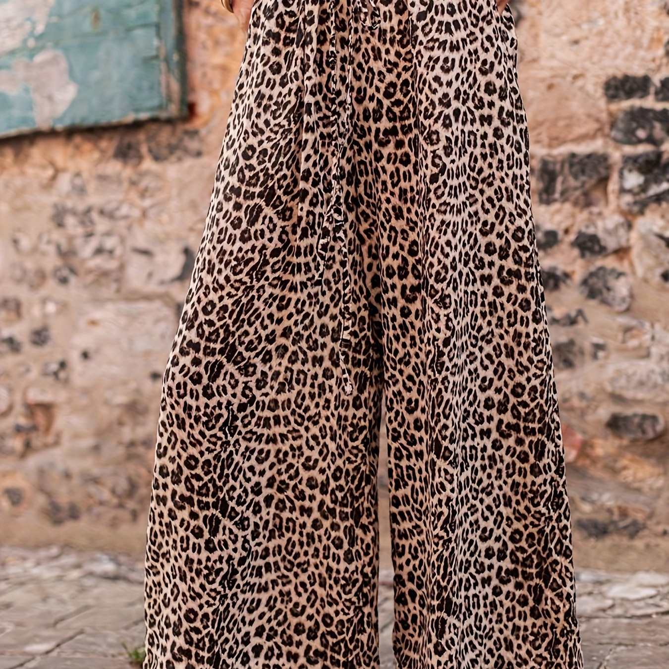 

Leopard Print Wide Leg Pants, Casual Drawstring Waist Slant Pockets Loose Pants For Spring & Summer, Women's Clothing