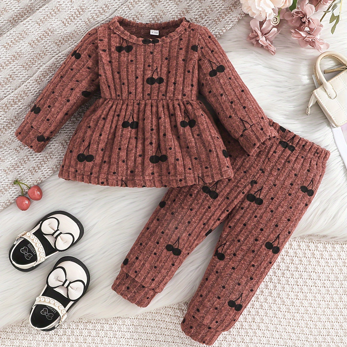 

Adorable Girl Outfit Set - Ribbed Long Top & Pants, Washable - For /, For