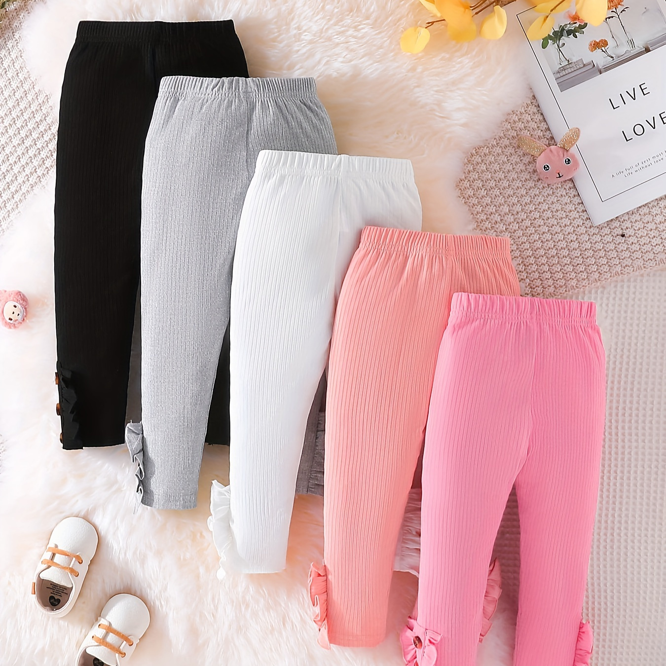 Baby Girls Autumn New Solid Color All-match Pants, Kids Button Trousers 5pcs Combination Outfits