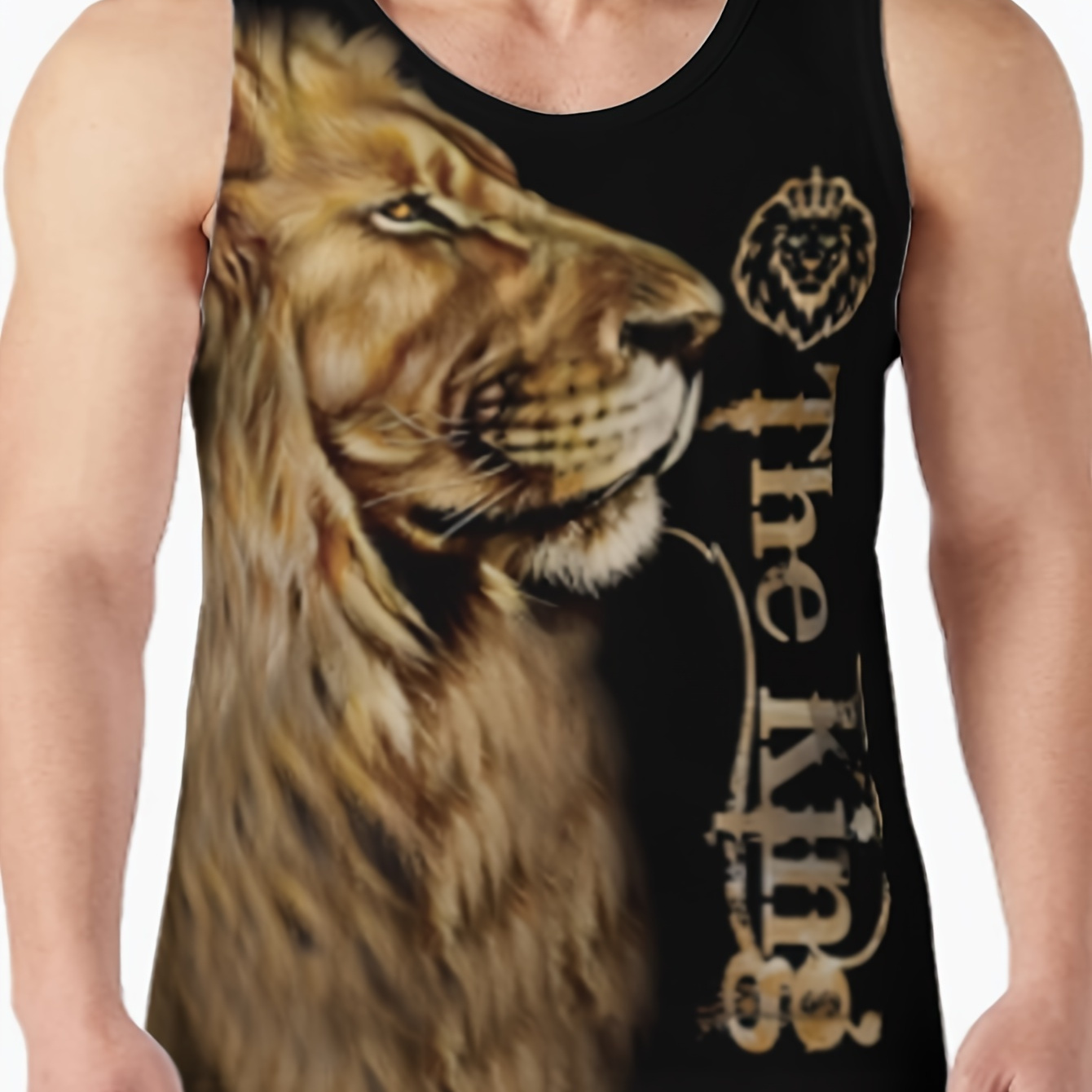 Trendy Lion Pattern Men's Sleeveless Round Neck Tank Top For Summer Outdoor, Men's Graphic Vest Top For Fitness