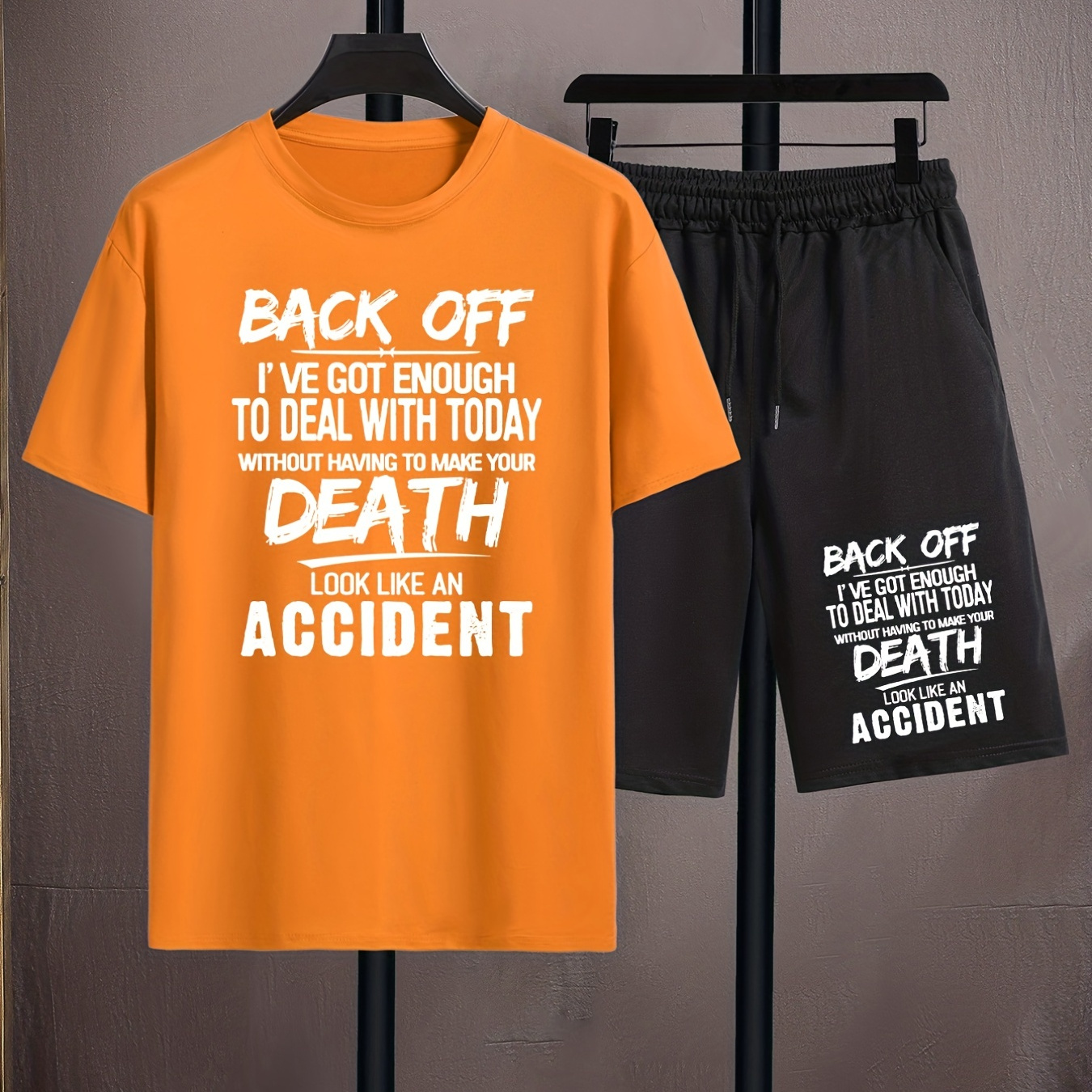 

''back Off...'' Print, Men's 2pcs, Casual T-shirt And Loose Drawstring Shorts For Running, Training