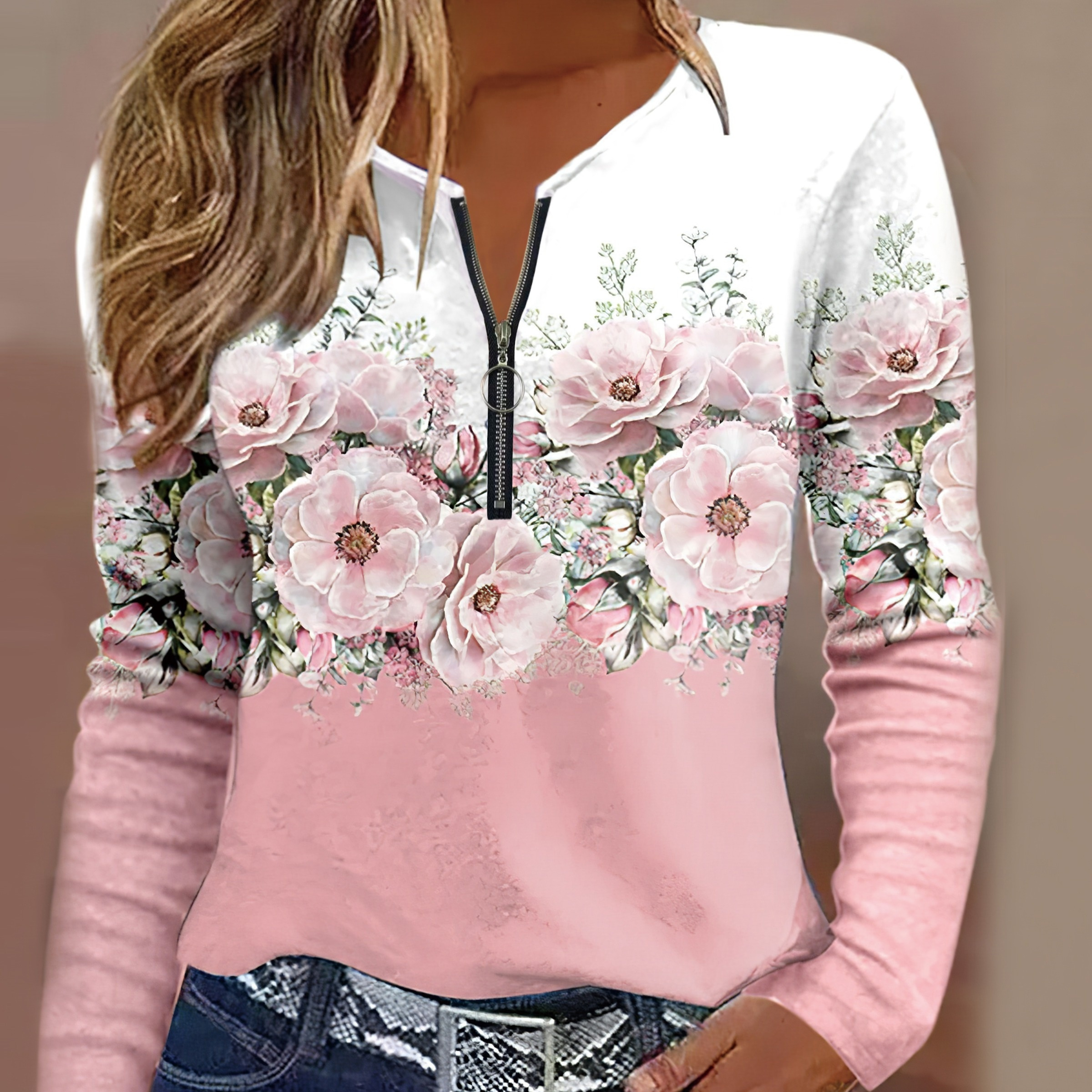 

Floral Print V-neck T-shirt, Casual Zipper Front Color Block Long Sleeve T-shirt, Women's Clothing