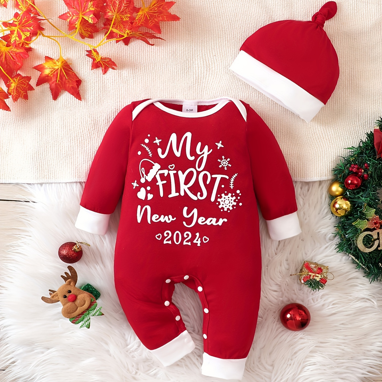 

European And American Baby Cute Jumpsuit My First New Year Letter Print Crawler + Hat