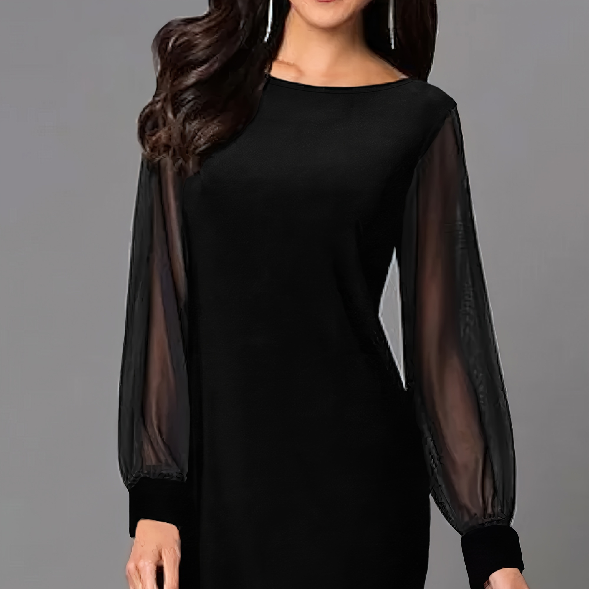 

Elegant Polyester Pencil Dress For Women - Crew Neck Knit Fabric With Sheer Long Sleeves And Solid