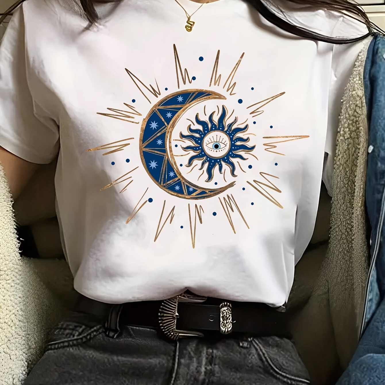 

T-shirt à col rond imprimé Sun & Moon, T-shirt décontracté à manches courtes pour le printemps et l'été, vêtements pour femmes